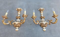 Pair of Italian Rococo Revival Gilt and Cream Painted Two-Light Wall Sconces, 19