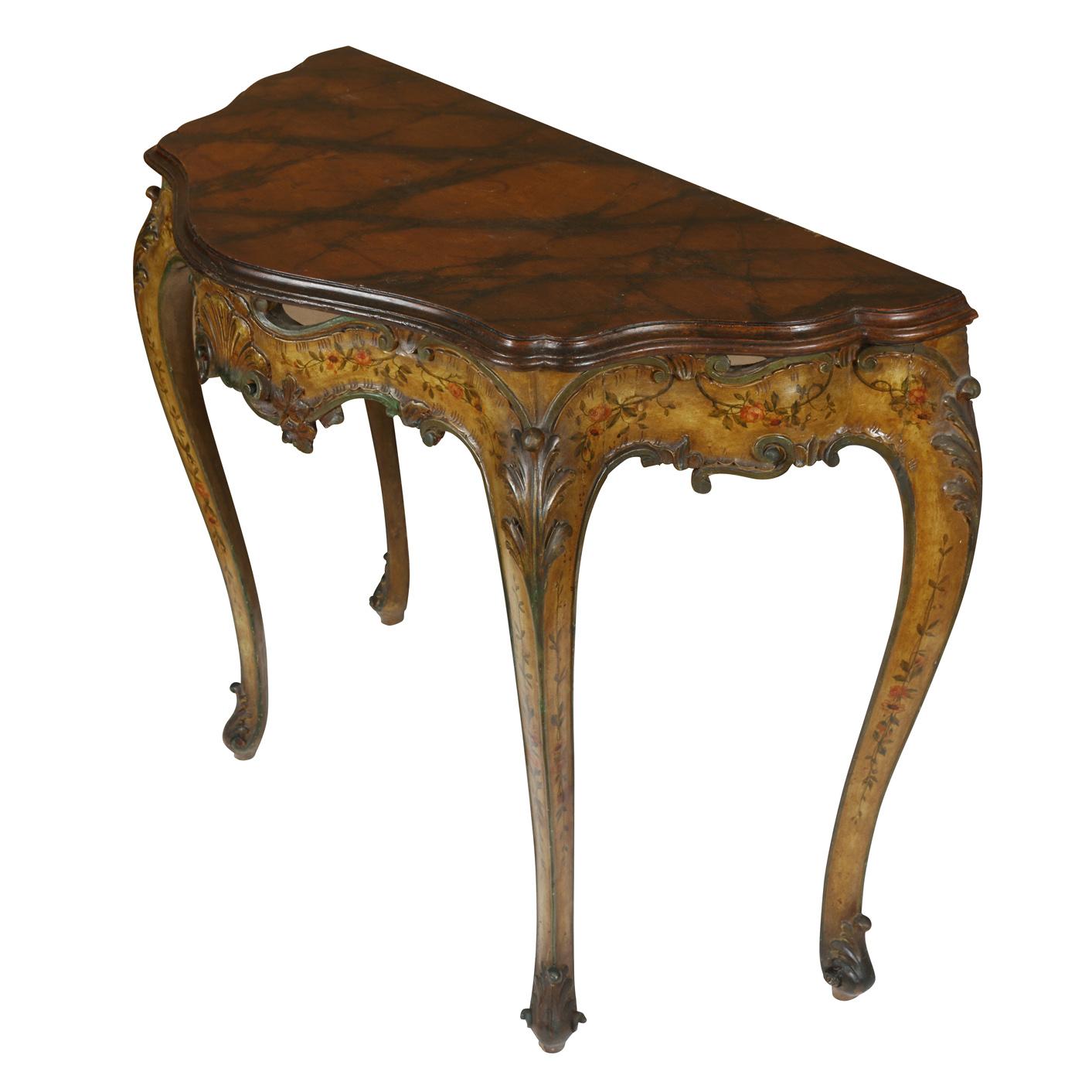 Louis XV Pair of Italian Rococo Shaped and Carved Demilune Console Tables
