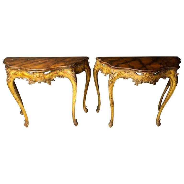 Hand-Painted Pair of Italian Rococo Shaped and Carved Demilune Console Tables