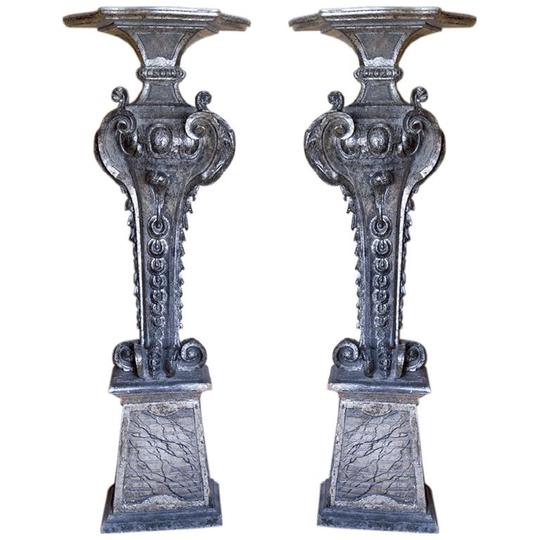 Pair of Italian Rococo Silvered Wood Pedestals For Sale