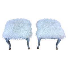 Pair of Italian Rococo Square Stools With Faux Sheepskin