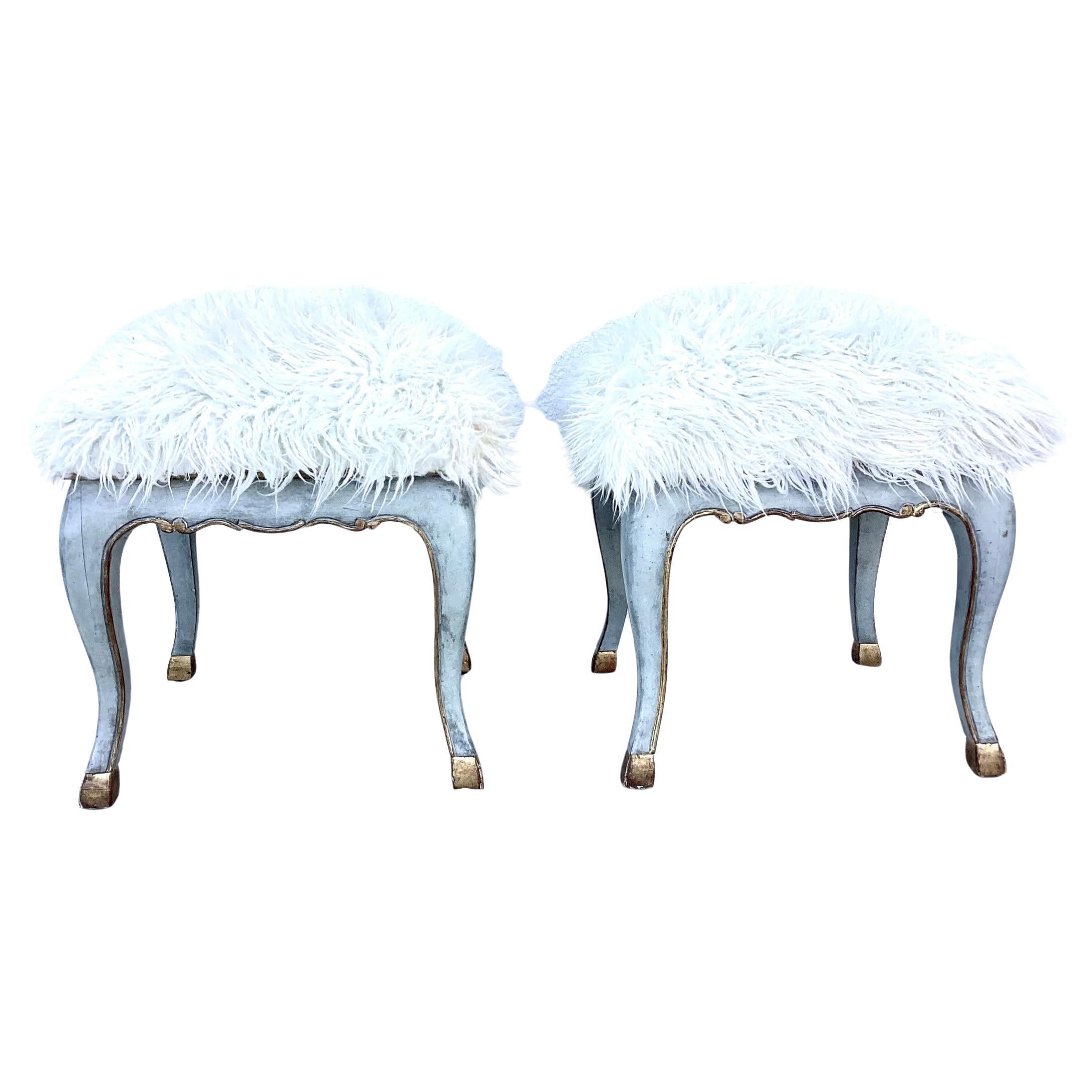 Pair of Italian Rococo Square Stools With Faux Sheepskin 