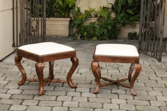 Pair of Italian Rococo Style, 1860s Walnut Stools with X-Form Cross Stretcher