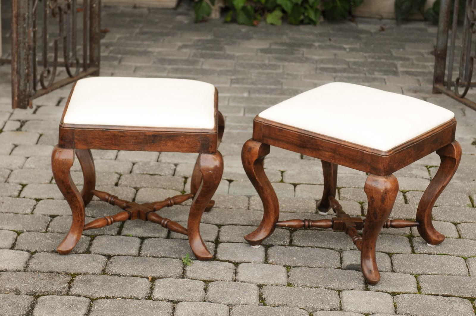 Upholstery Pair of Italian Rococo Style, 1860s Walnut Stools with X-Form Cross Stretcher For Sale