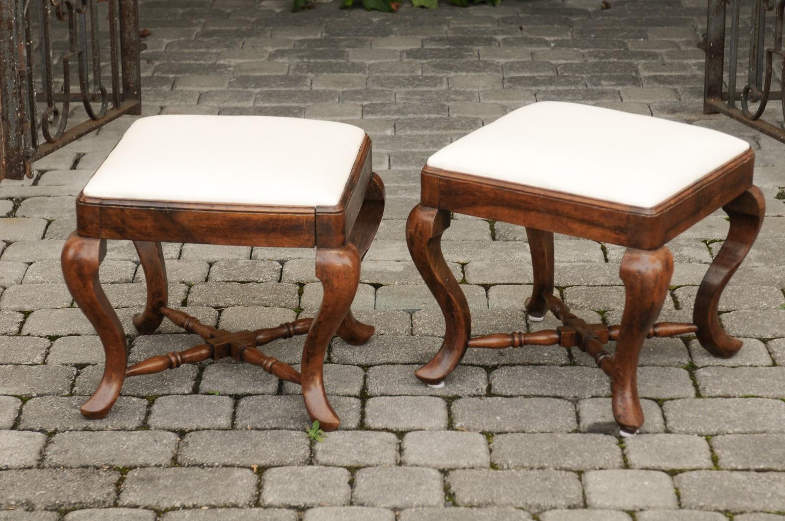 Pair of Italian Rococo Style, 1860s Walnut Stools with X-Form Cross Stretcher For Sale 1