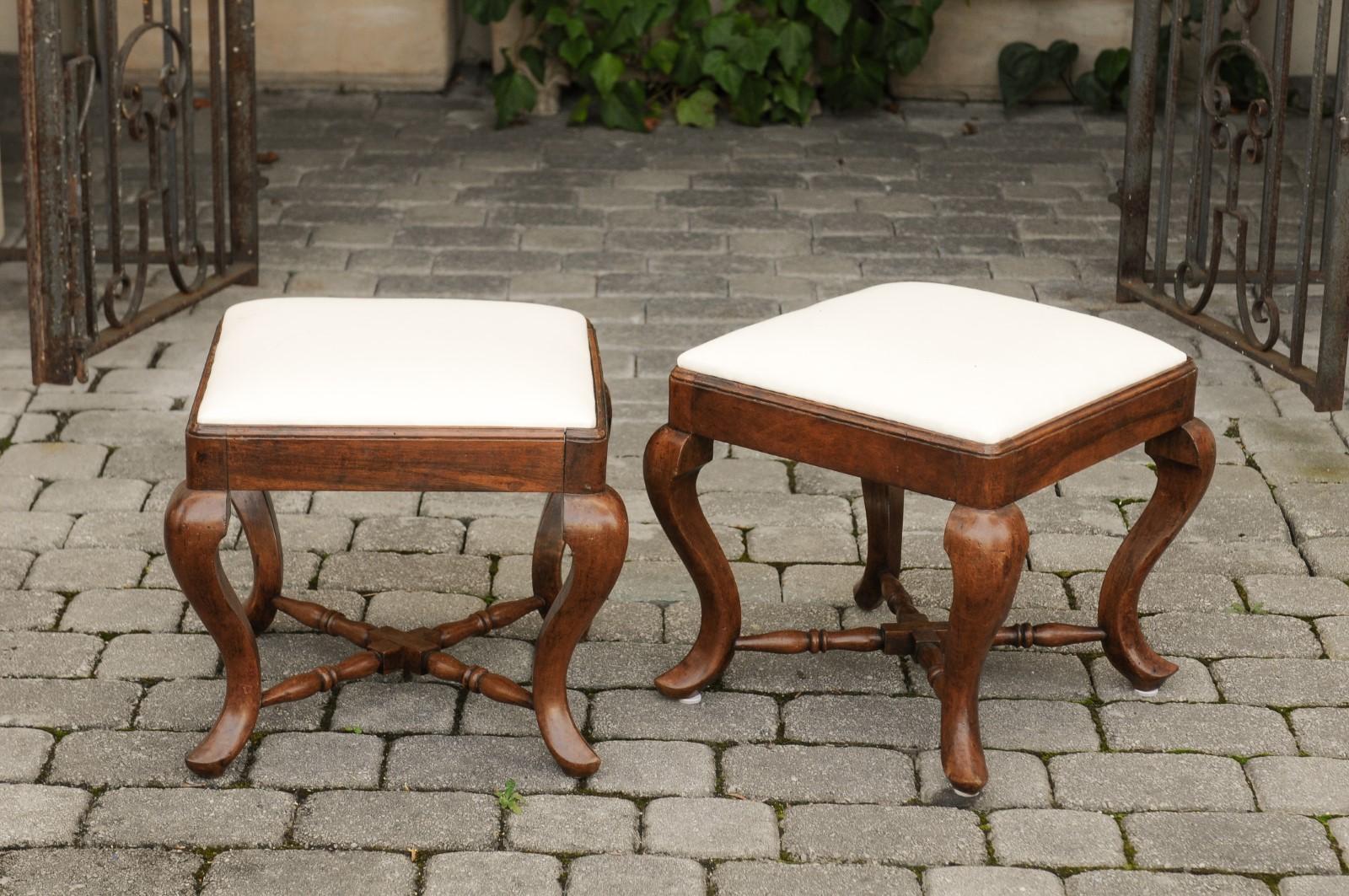 Pair of Italian Rococo Style, 1860s Walnut Stools with X-Form Cross Stretcher For Sale 2