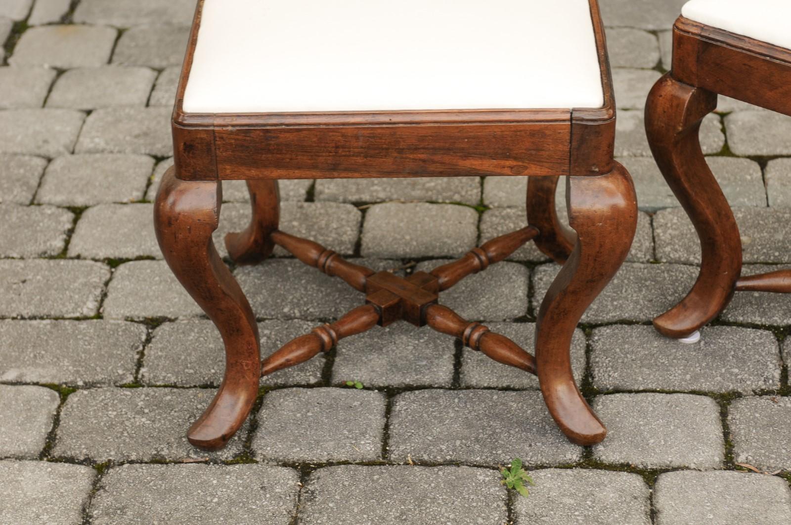 Pair of Italian Rococo Style, 1860s Walnut Stools with X-Form Cross Stretcher For Sale 3