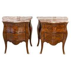 Antique Pair of Italian Rococo Style 1900s Bombé Walnut Nightstands with Marquetry