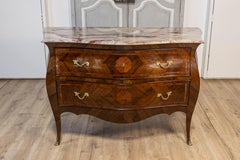 Pair of Italian Rococo Style 1900s Marble Top Bombé Commodes with Marquetry