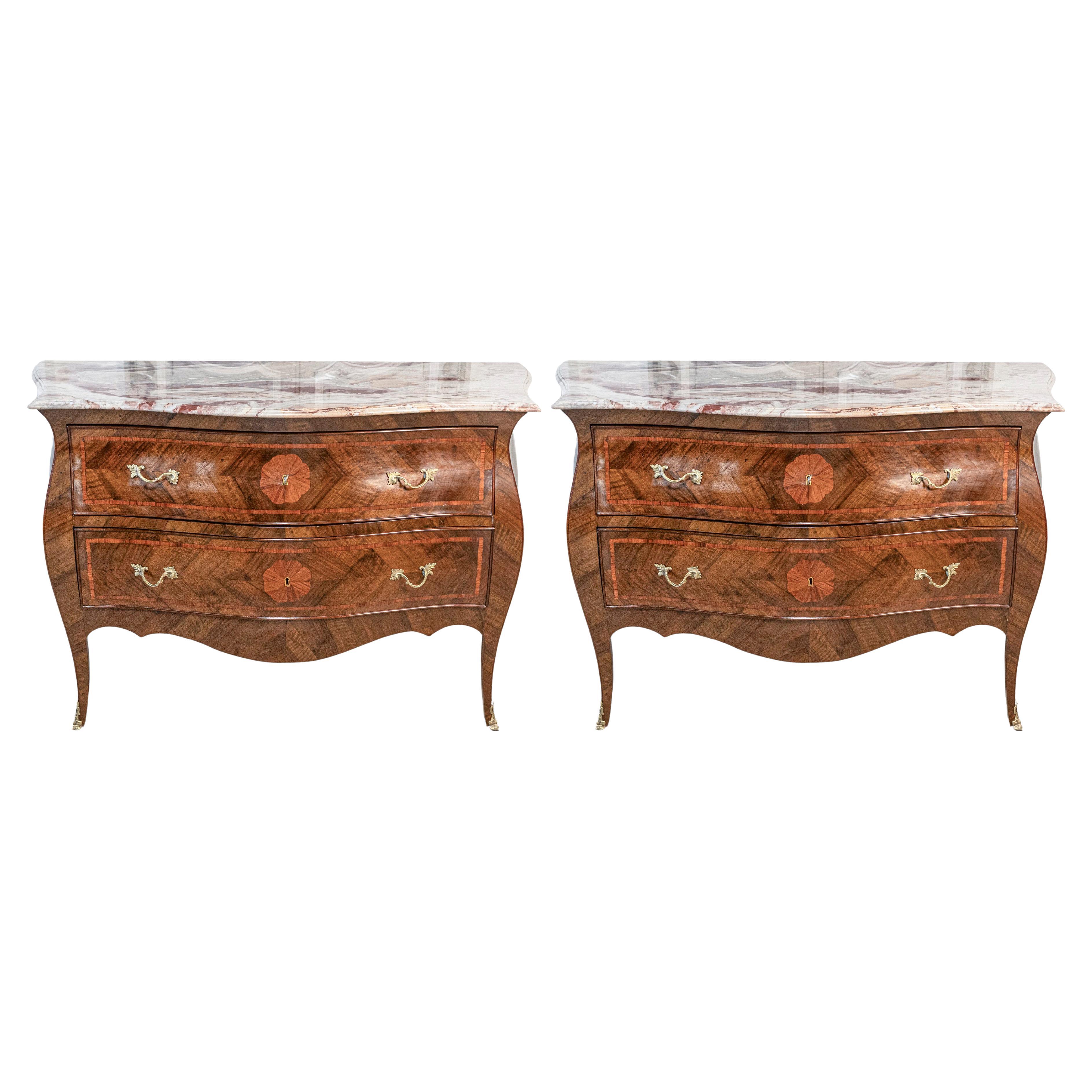 Pair of Italian Rococo Style 1900s Marble Top Bombé Commodes with Marquetry For Sale