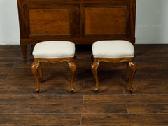 Pair of Italian Rococo Style 19th Century Walnut Stools with Cabriole Legs
