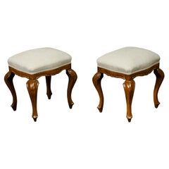 Pair of Italian Rococo Style 19th Century Walnut Stools with Cabriole Legs