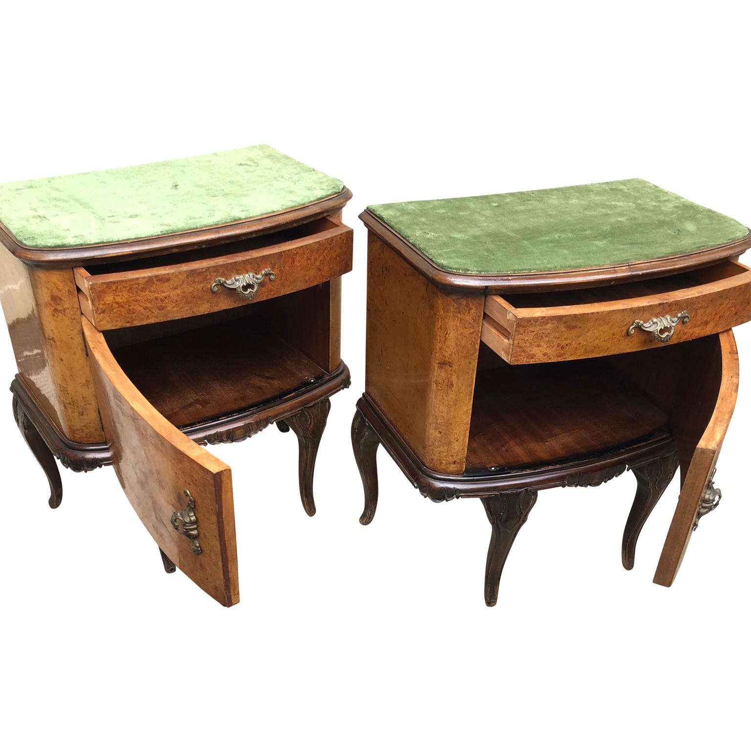 Pair of Italian Rococo style bedside tables.

Tables has a green vintage corduroy fabric top. Custom-made glass top can be included if requested.