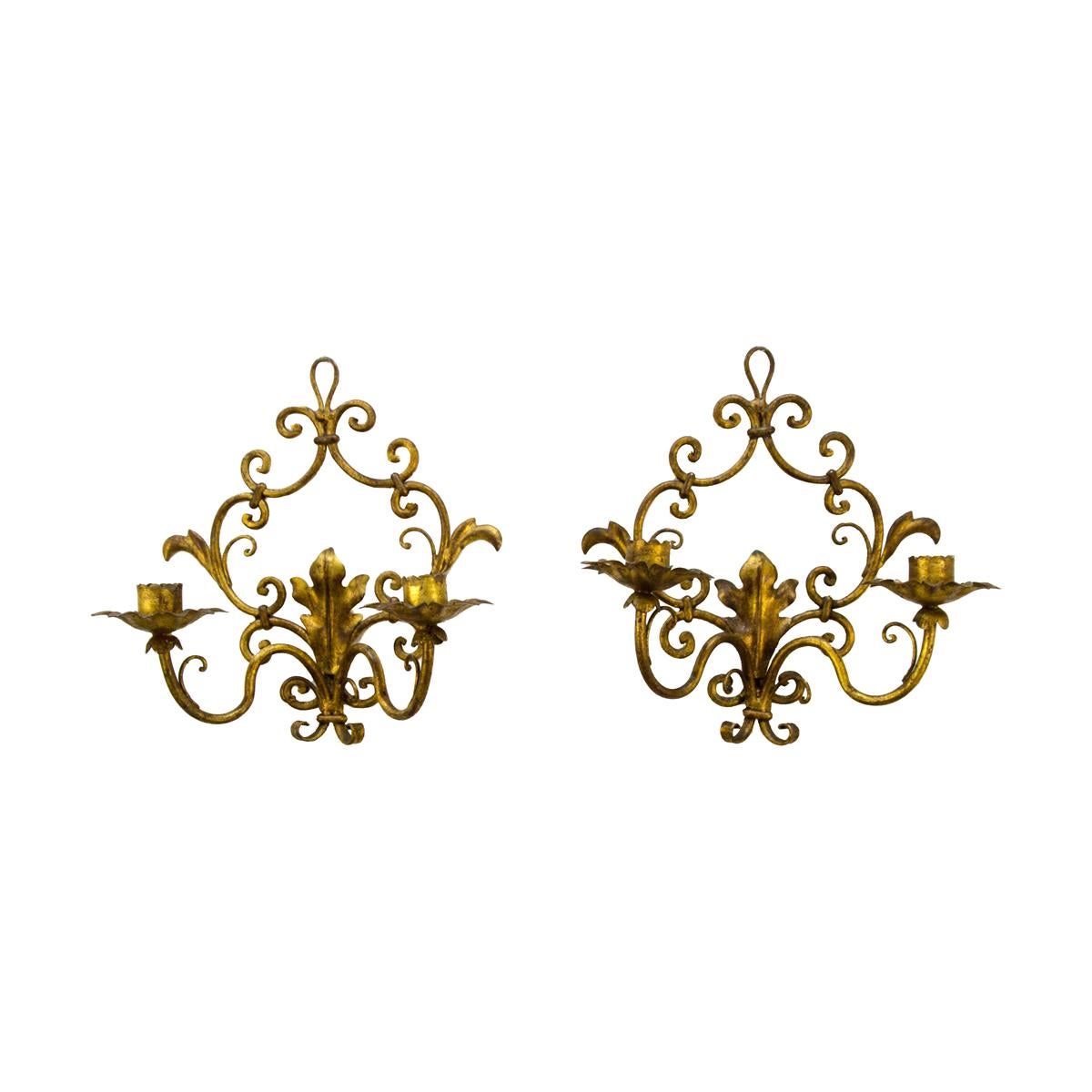 Pair of Italian Hollywood Regency Style Gilt Metal Candle Wall Sconces For Sale