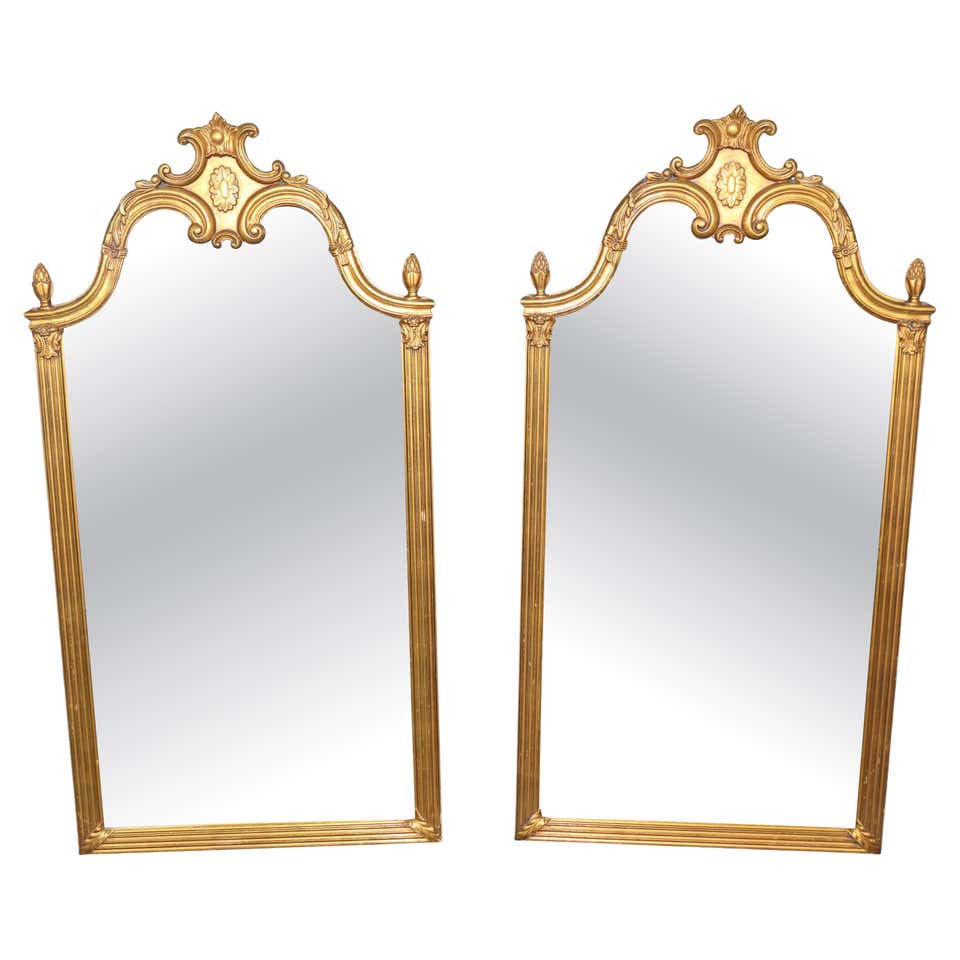 Pair of Gold French Rococo Louis XVI Style Figural Tall Narrow Beveled ...