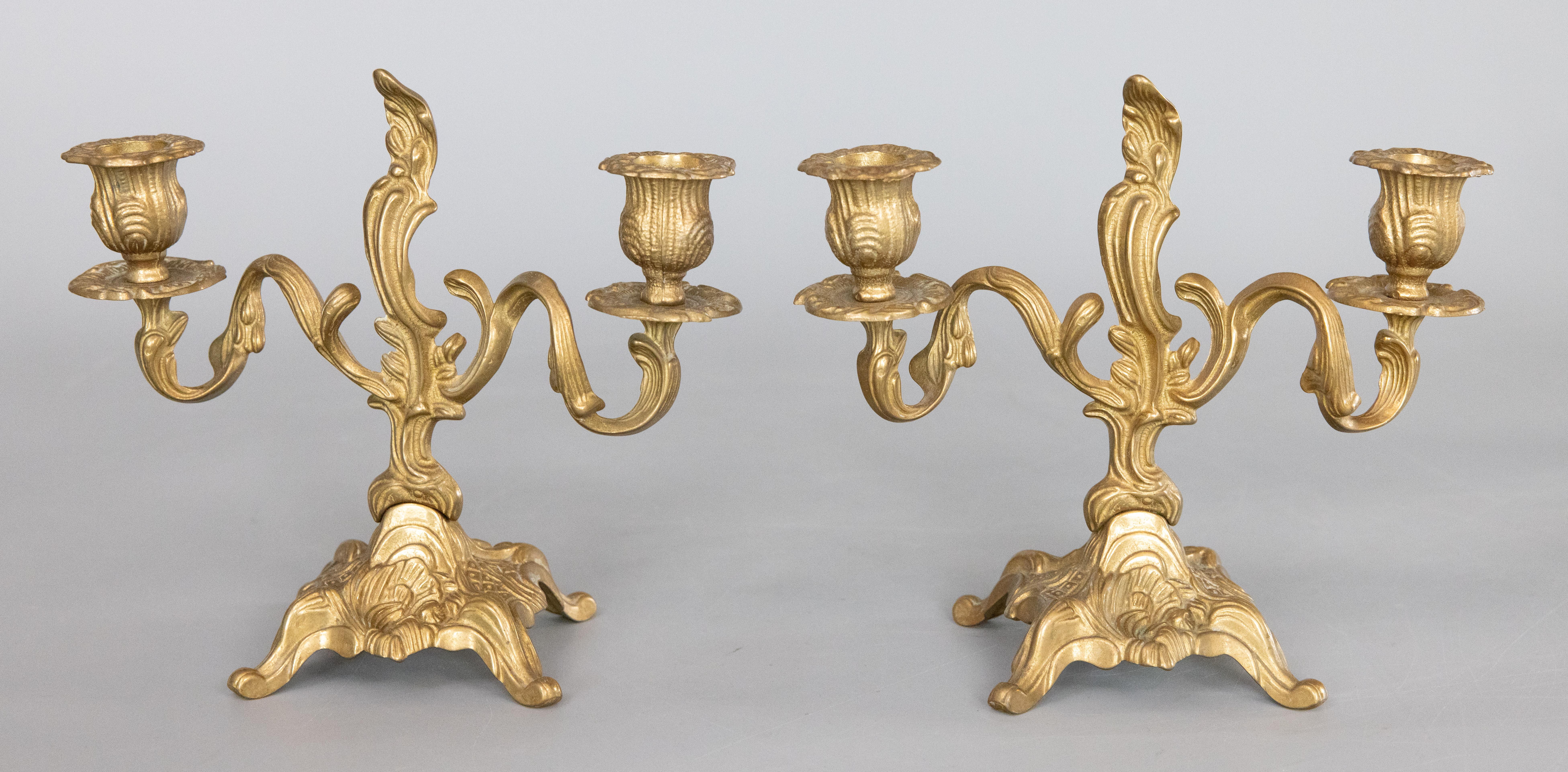 Pair of Italian Rococo Style Gilt Brass Candelabras Candle Holders, circa 1950 For Sale 4