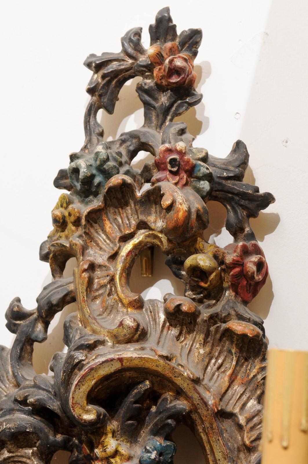 Pair of Italian Rococo Style Late 19th Century Carved and Painted Sconces For Sale 7