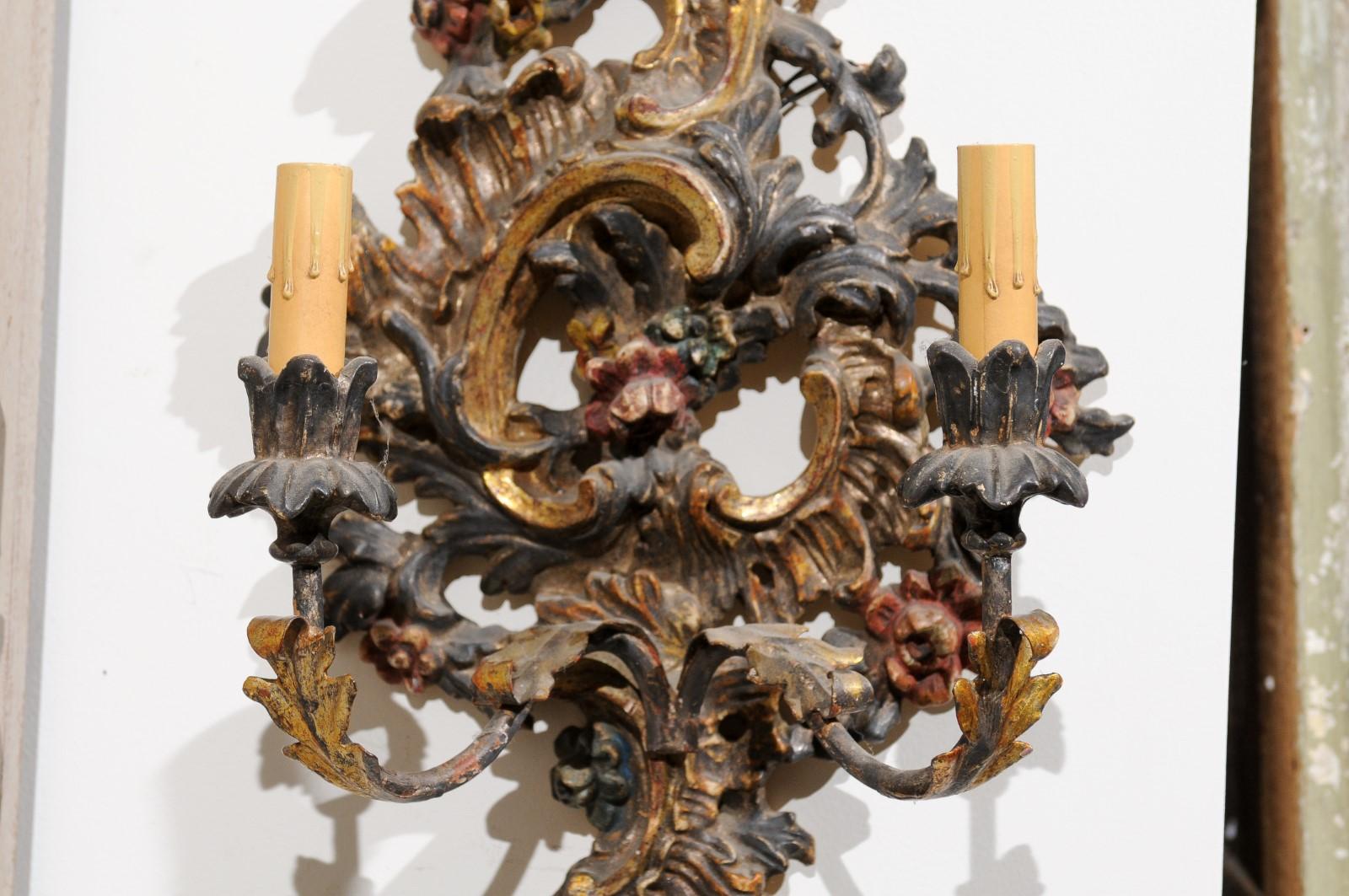 Wood Pair of Italian Rococo Style Late 19th Century Carved and Painted Sconces For Sale