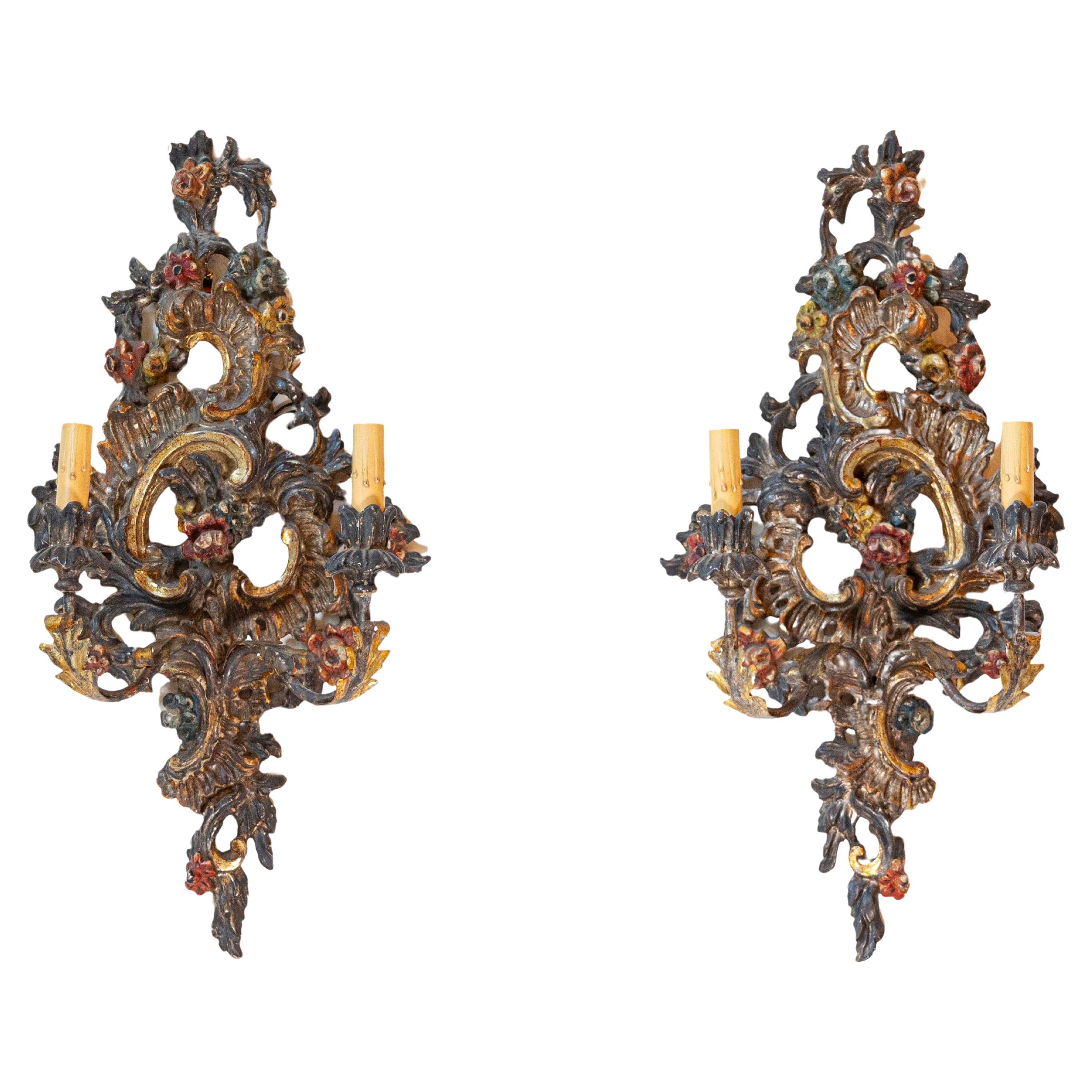 Pair of Italian Rococo Style Late 19th Century Carved and Painted Sconces