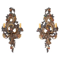 Antique Pair of Italian Rococo Style Late 19th Century Carved and Painted Sconces