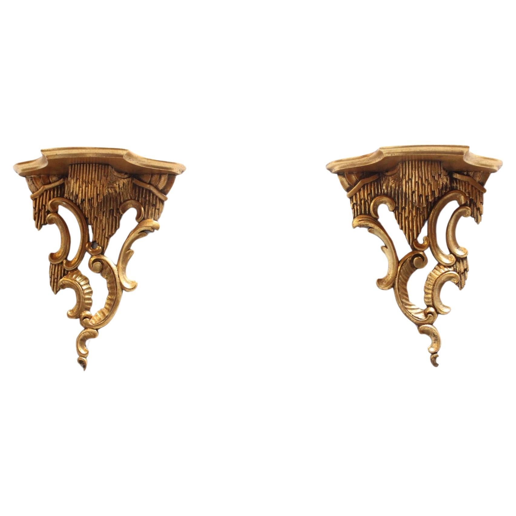 Pair of Italian Rococo-Style Rocaille Giltwood Wall Brackets For Sale