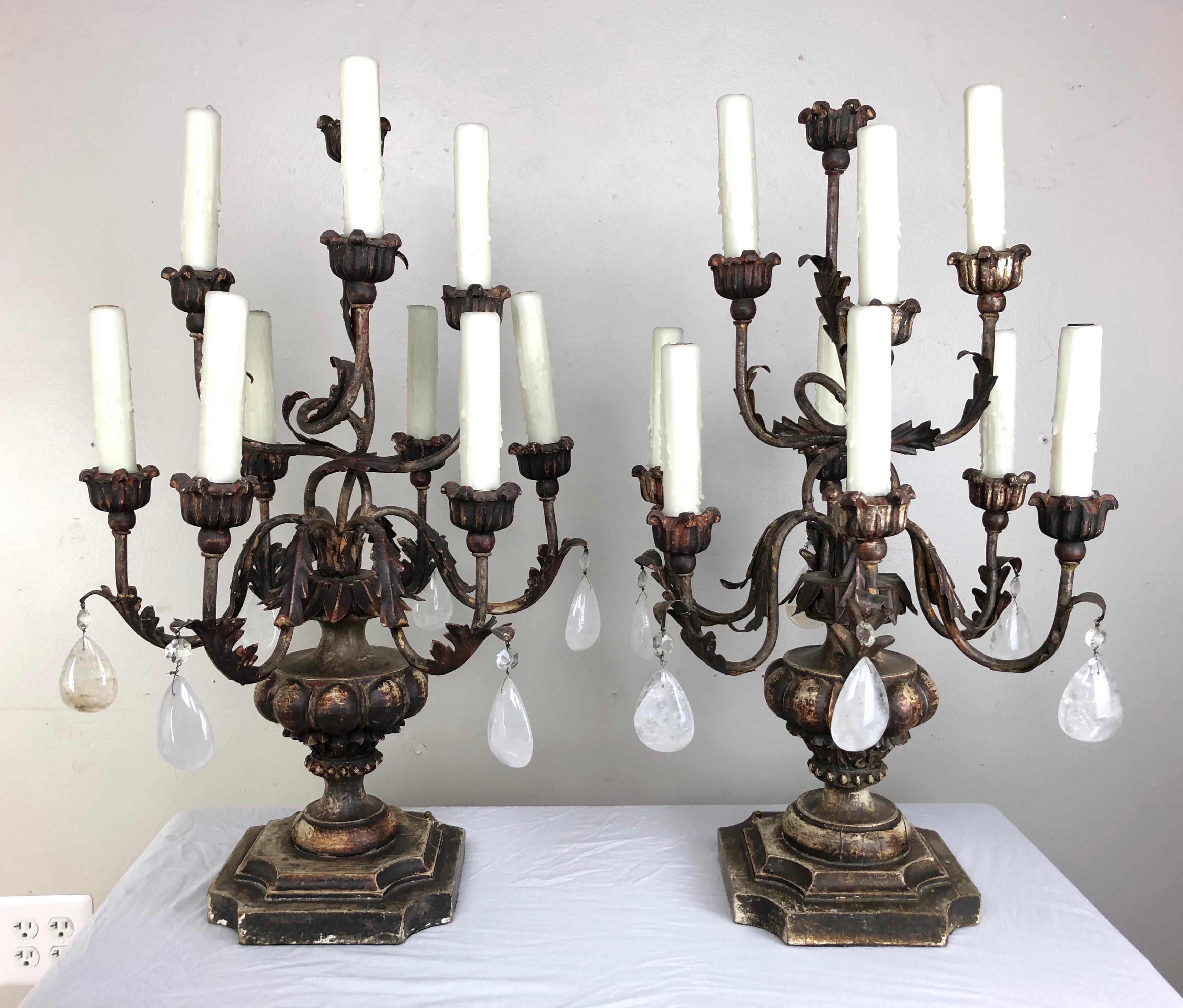 Pair of Italian Rococo Style Rock Crystal Candelabra 8