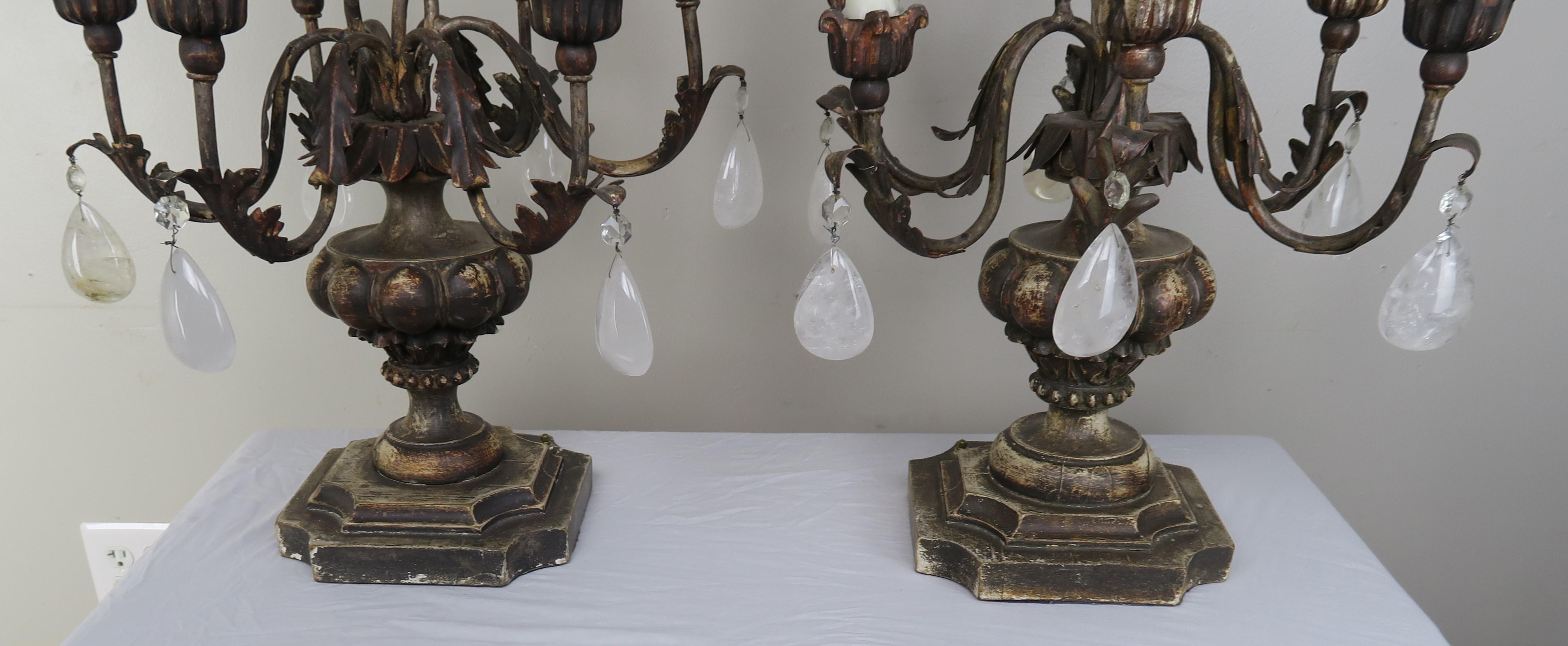 Pair of Italian Rococo Style Rock Crystal Candelabra In Distressed Condition In Los Angeles, CA