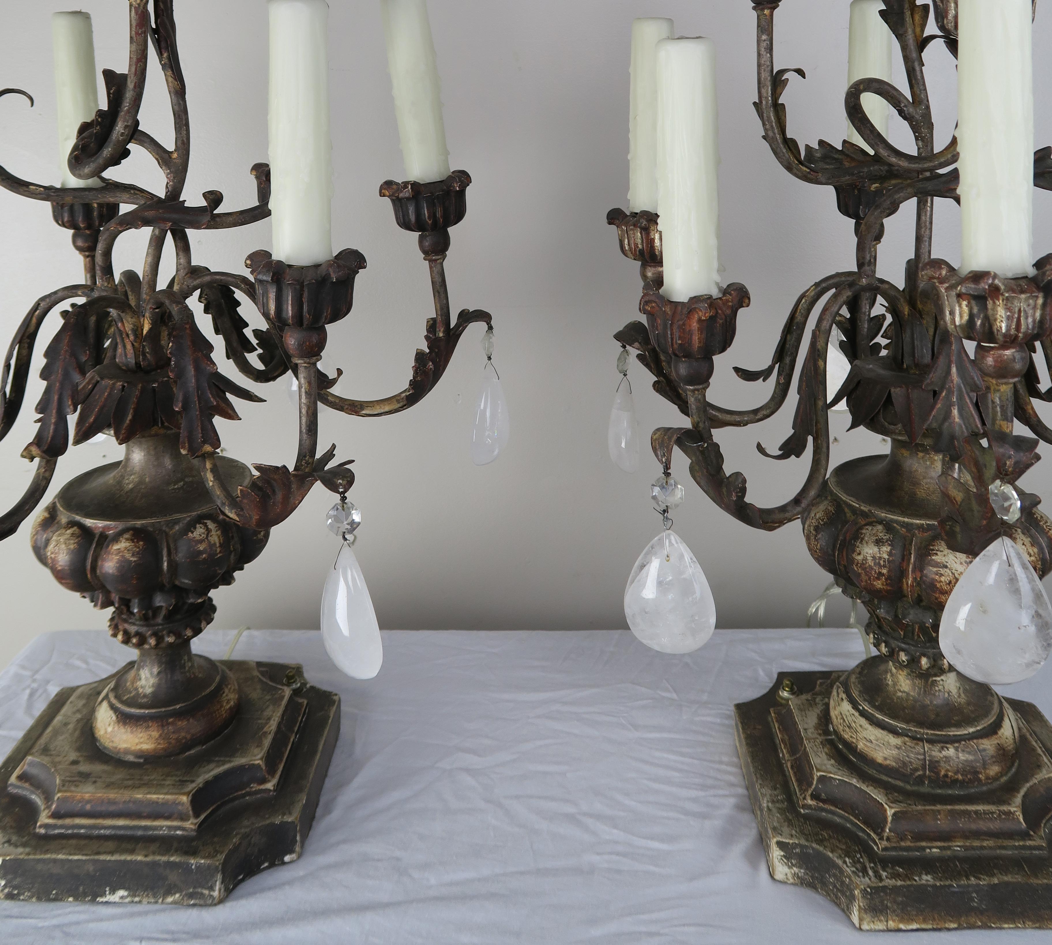 Pair of Italian Rococo Style Rock Crystal Candelabra 3