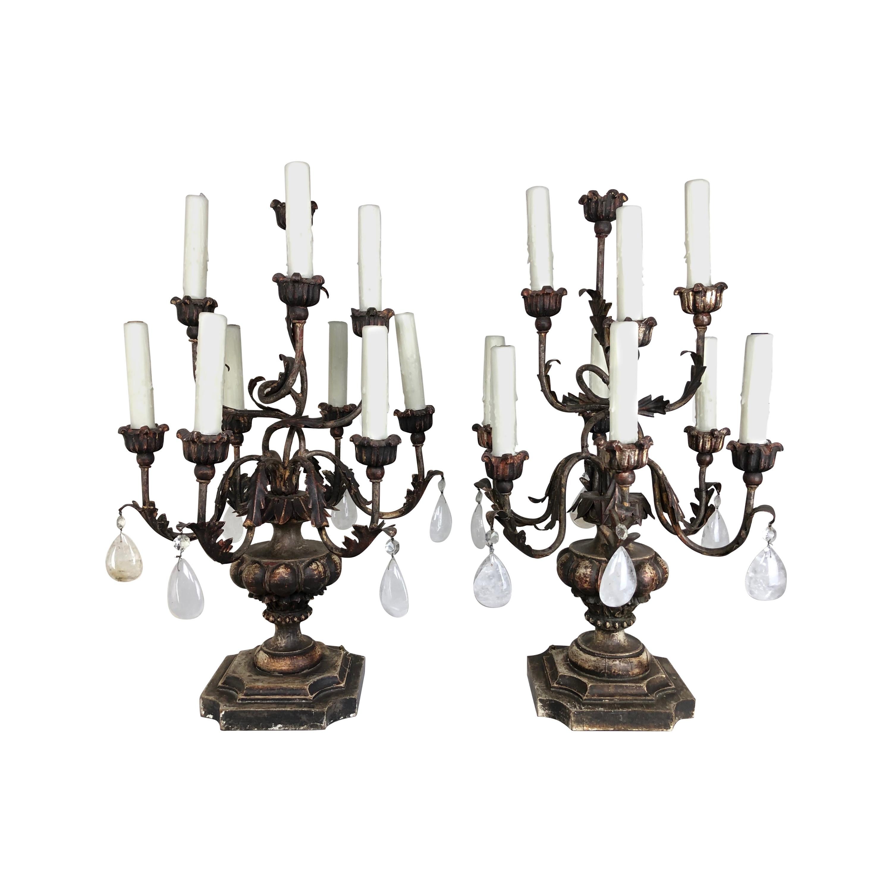 Pair of Italian Rococo Style Rock Crystal Candelabra