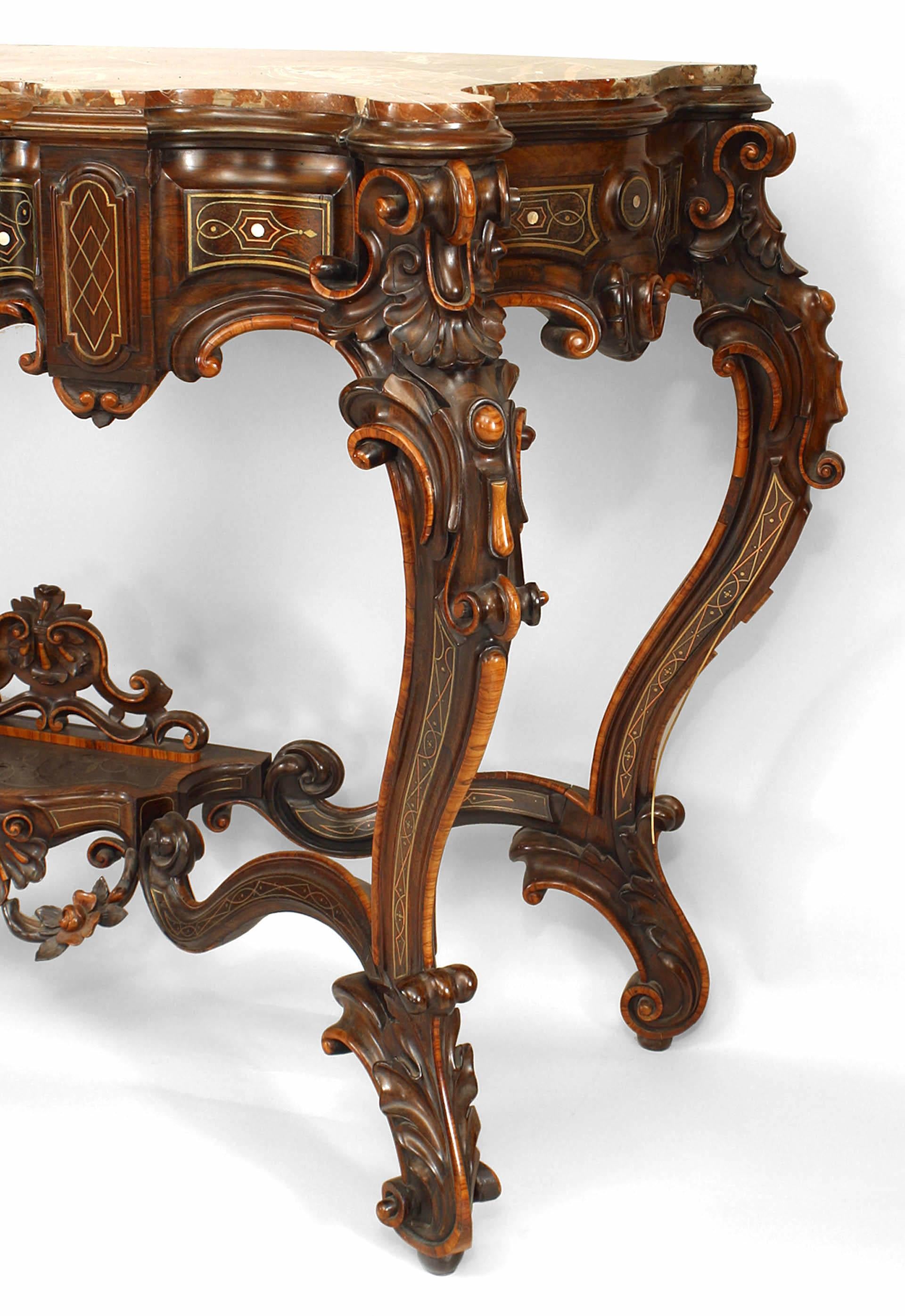 Pair of Italian Rococo-style (19th Century) rosewood consoles with rouge Siena marble tops inlaid with kingwood, brass & mother of pearl. (Manner of Gotti) (PRICED AS Pair) (Related Item: ROL001A)
