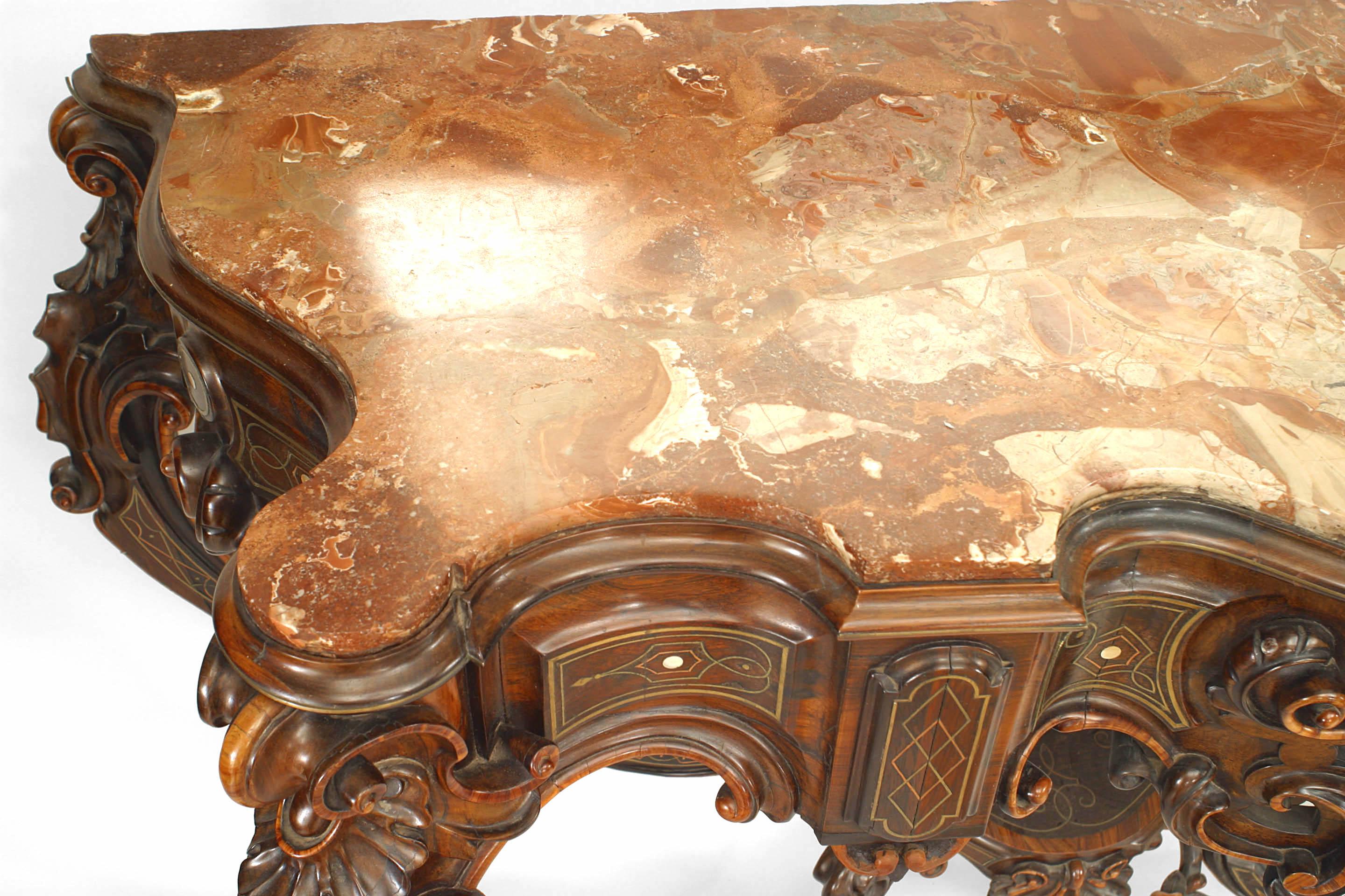 Pair of Italian Rococo Rosewood Marble Top Console Tables (Manner of Gotti) In Good Condition For Sale In New York, NY