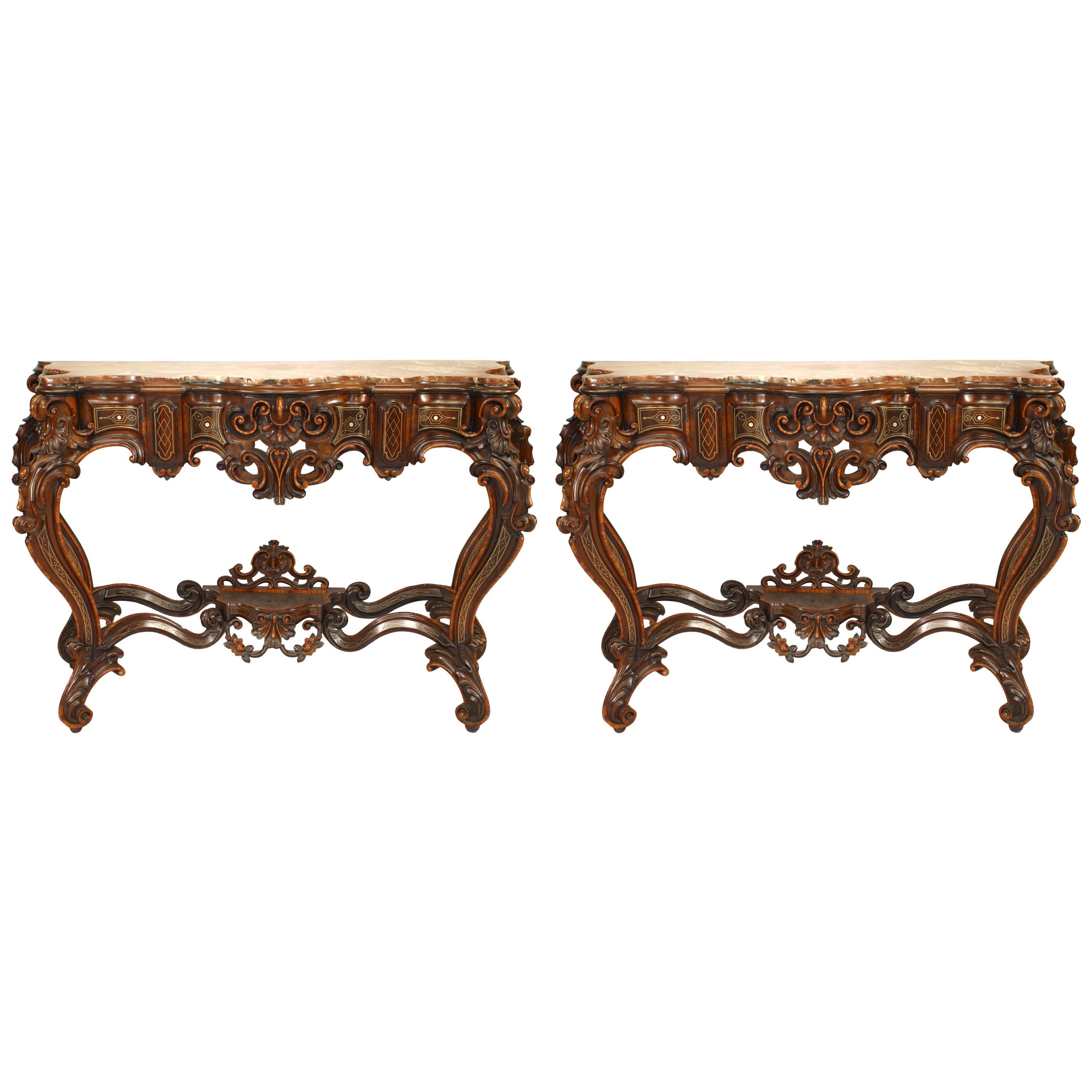 Pair of Italian Rococo Rosewood Marble Top Console Tables (Manner of Gotti) For Sale