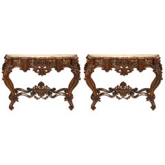 Antique Pair of Italian Rococo Rosewood Marble Top Console Tables (Manner of Gotti)