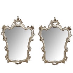 Pair of Italian Rococo Style Silver-Leafed Giltwood Cartouche-Form Mirrors
