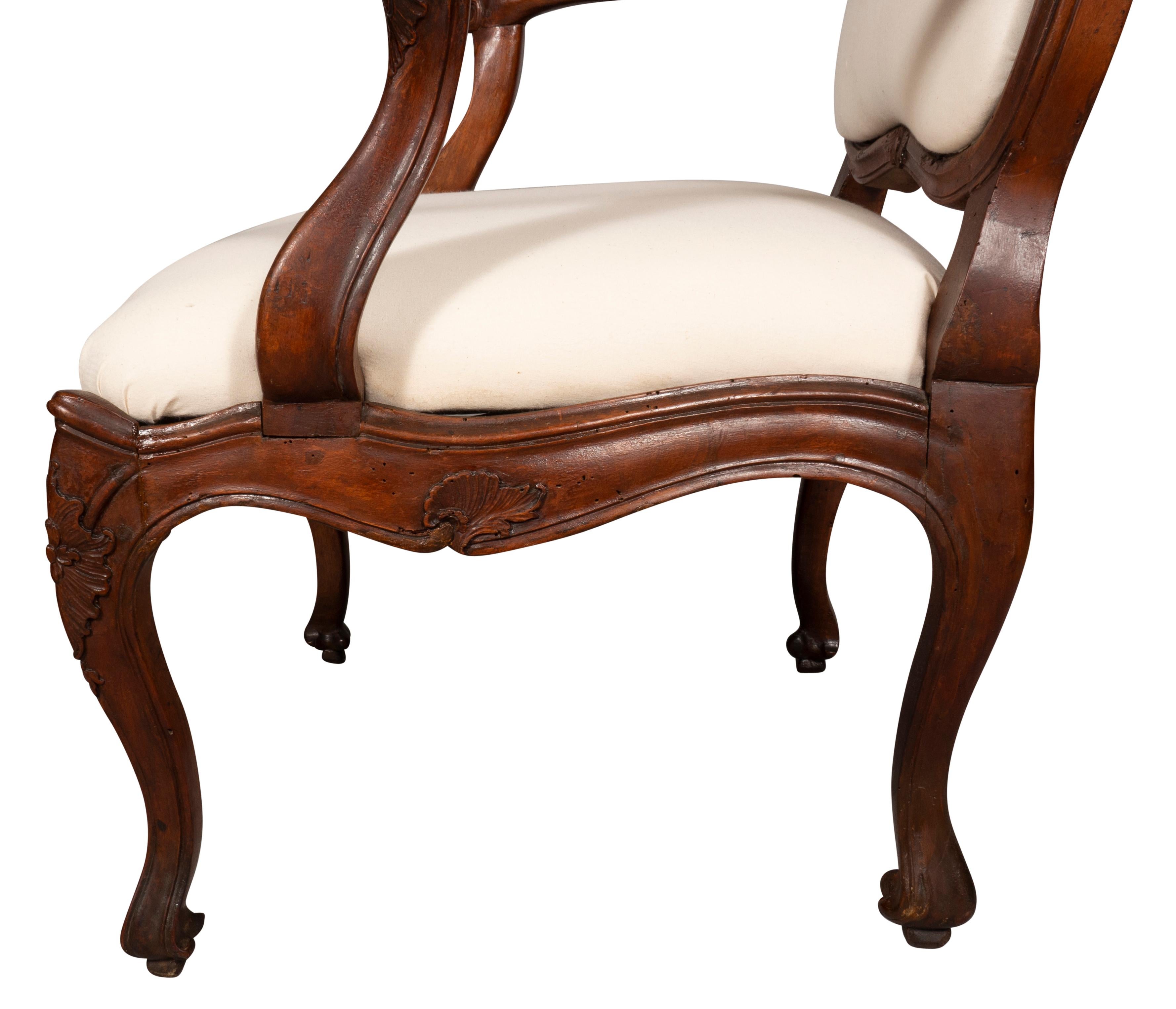 Pair of Italian Rococo Walnut Armchairs For Sale 9