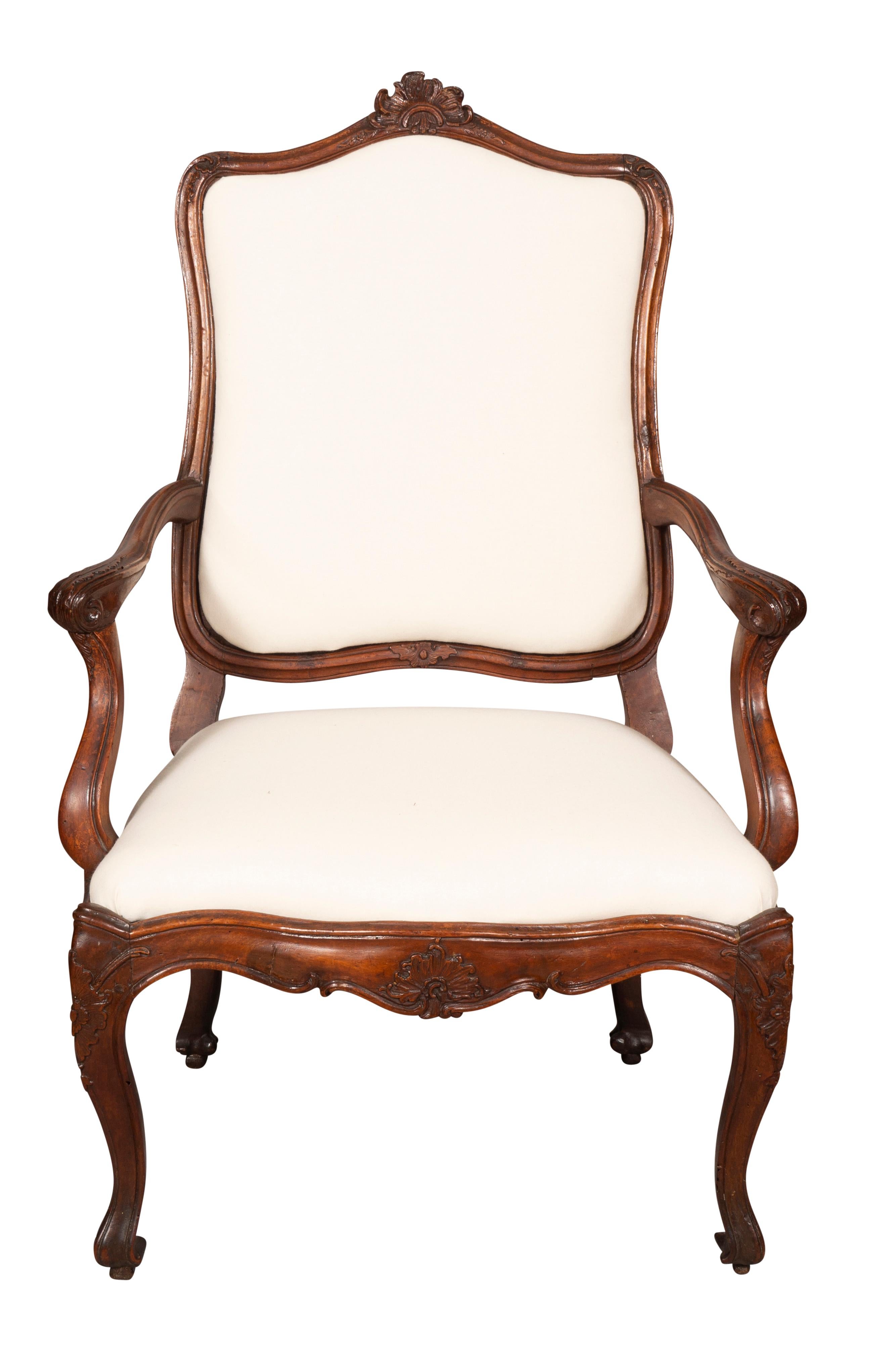 Pair of Italian Rococo Walnut Armchairs For Sale 13