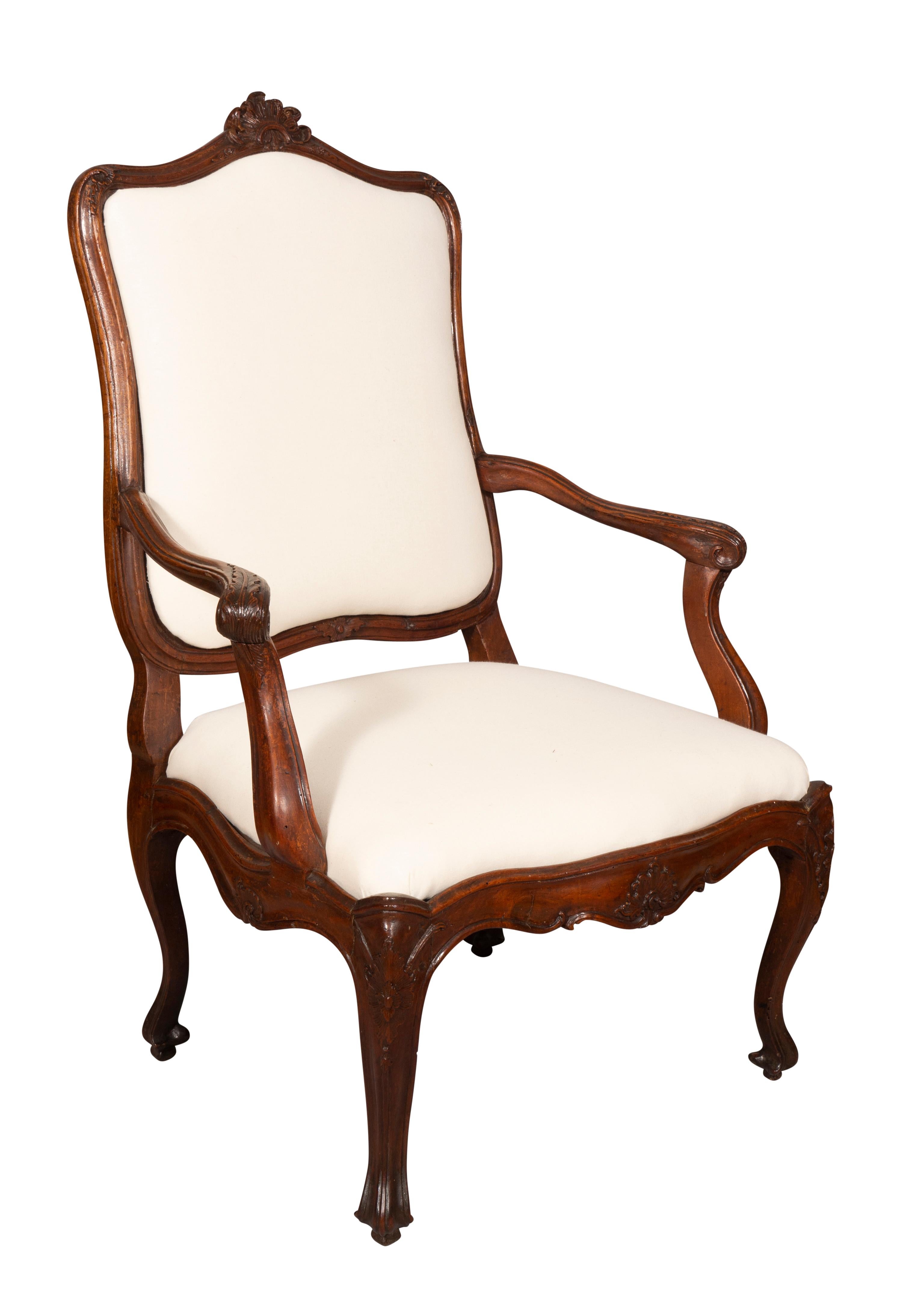 Pair of Italian Rococo Walnut Armchairs For Sale 14