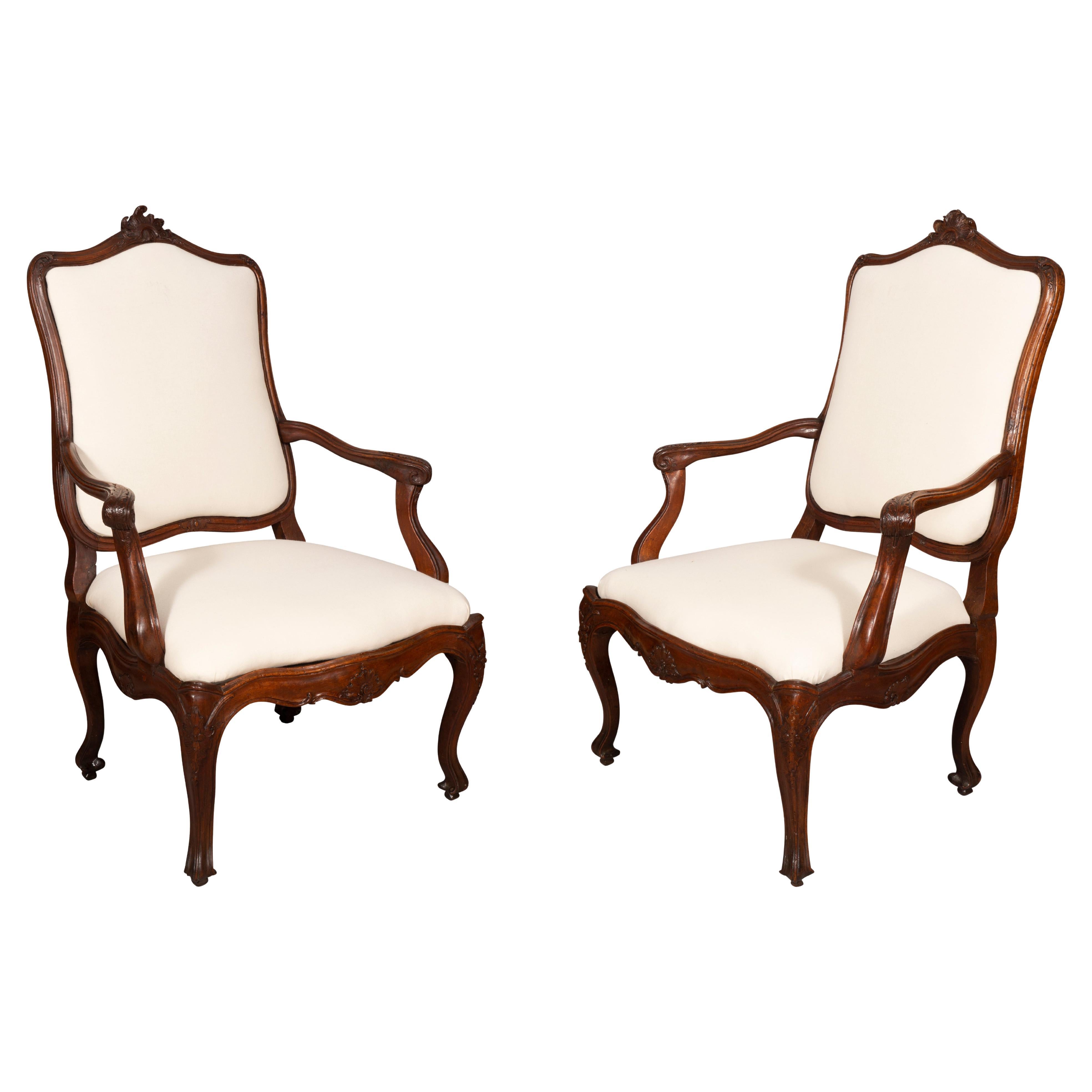 Pair of Italian Rococo Walnut Armchairs For Sale