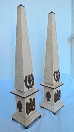 Pair of Italian Roman Travertine and Bronze Obelisks "Empire", Limited Ed. 2019