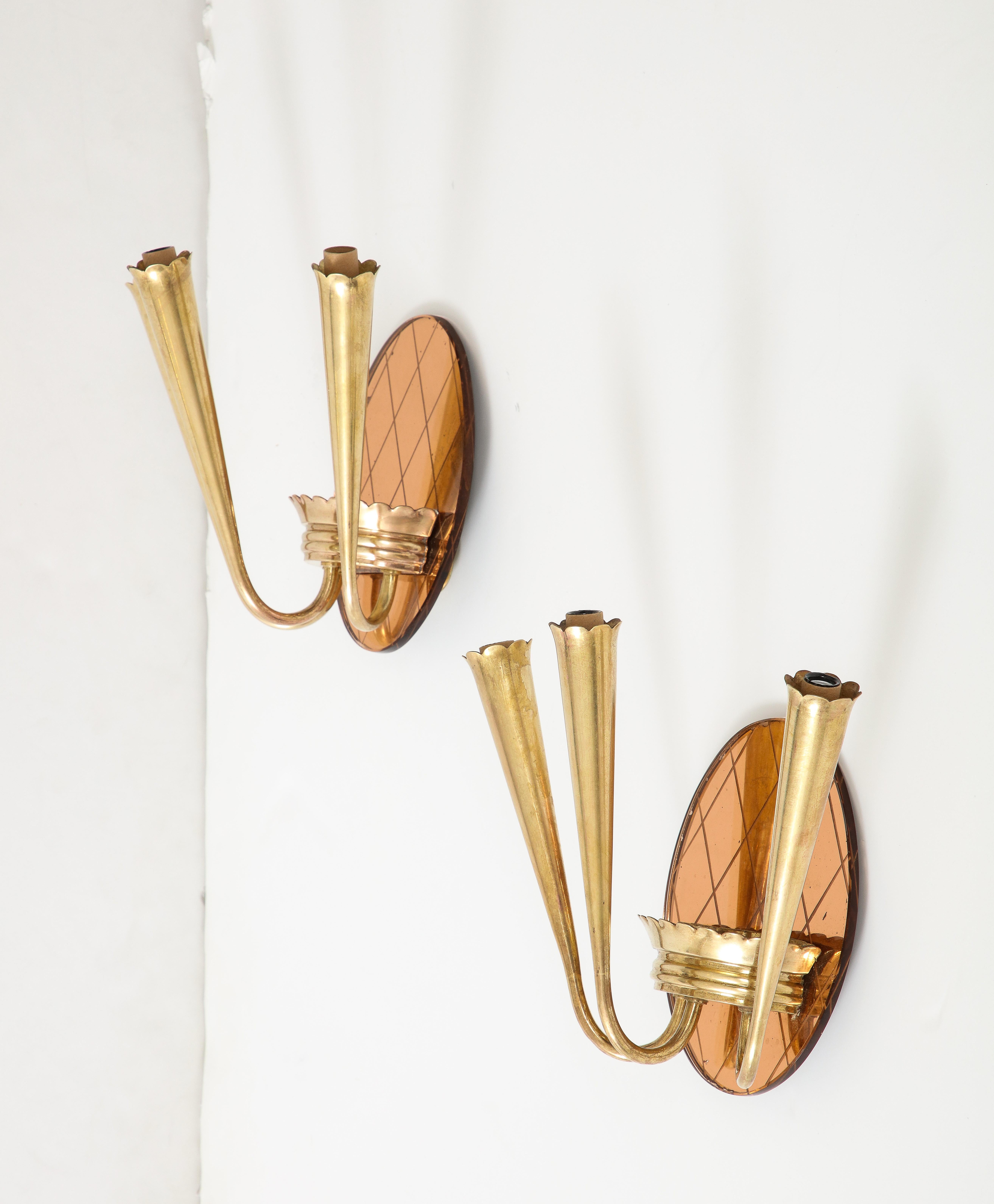 Pair of Italian Rose Gold Glass and Brass Wall Sconces, circa 1930's  For Sale 8