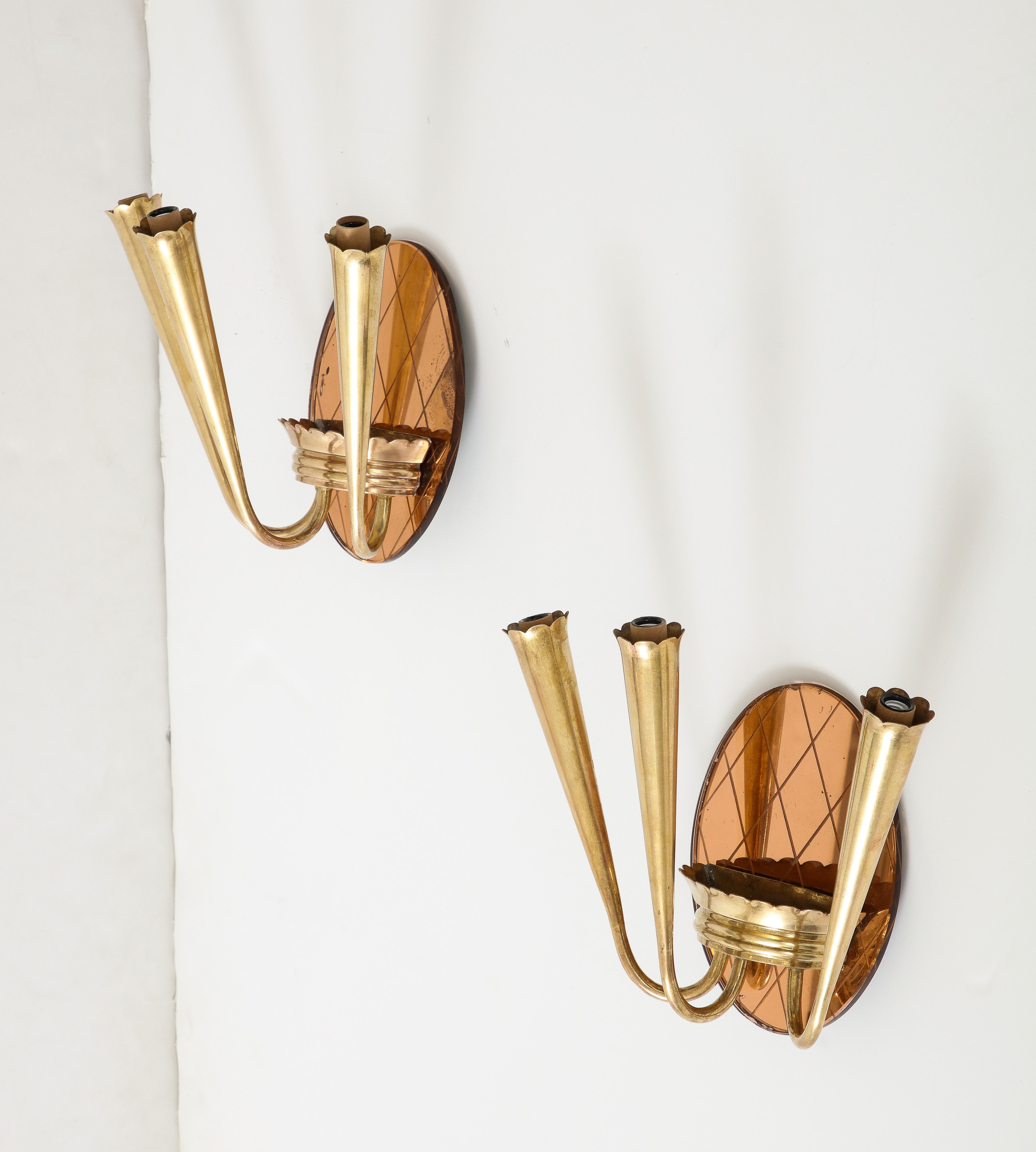 Pair of Italian Rose Gold Glass and Brass Wall Sconces, circa 1930's  For Sale 9