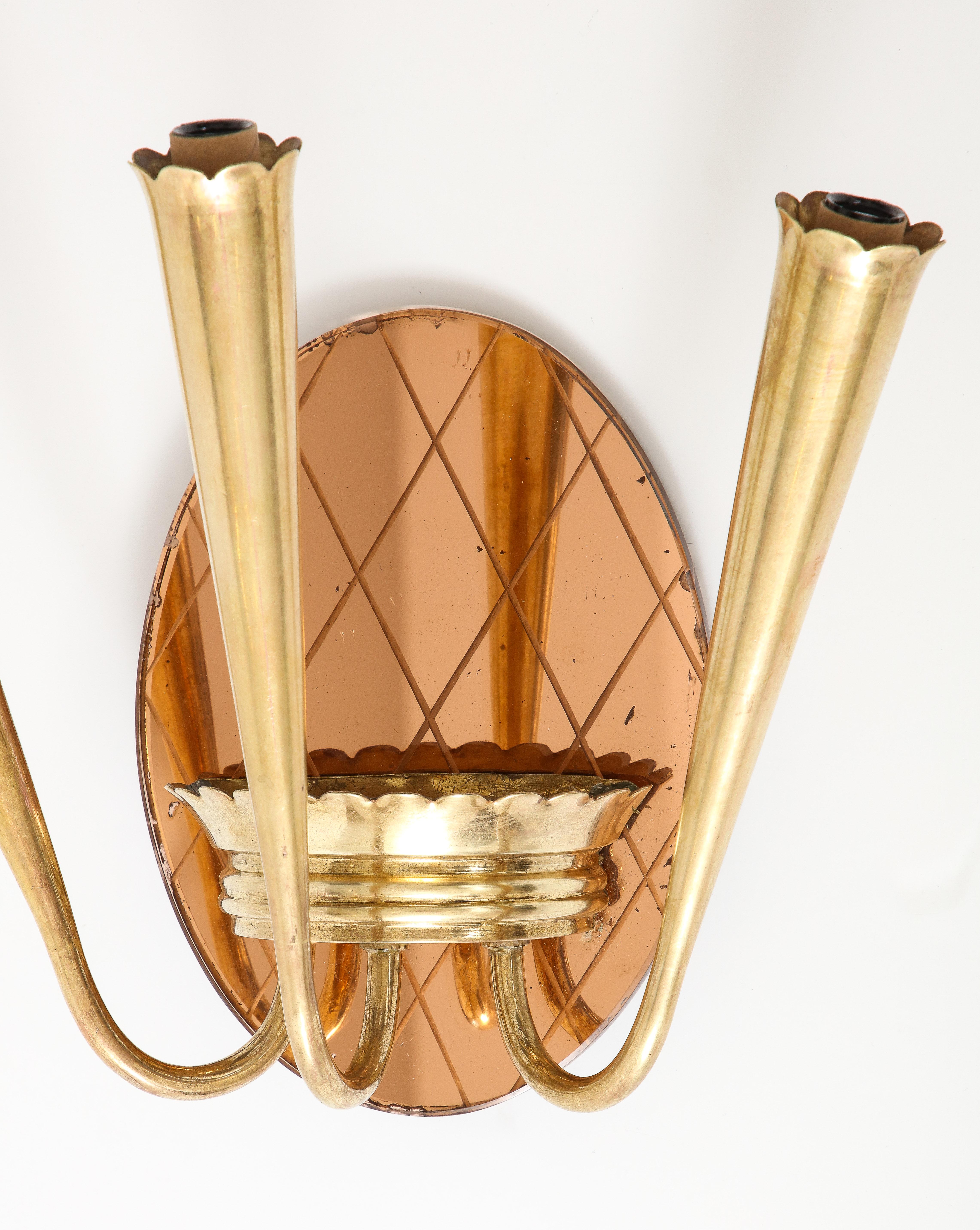 Pair of Italian Rose Gold Glass and Brass Wall Sconces, circa 1930's  For Sale 10