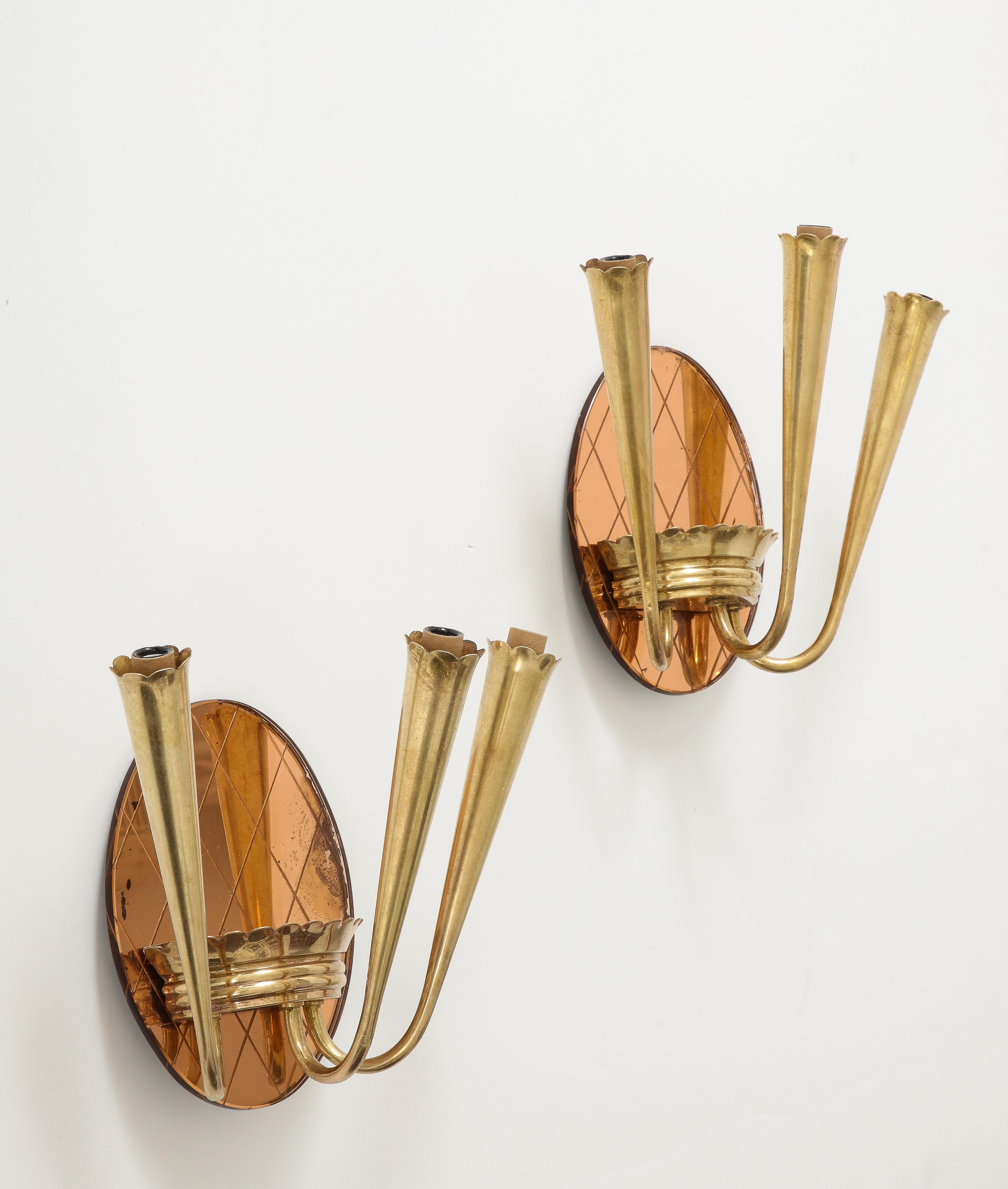 Pair of Italian Rose Gold Glass and Brass Wall Sconces, circa 1930's  For Sale 1