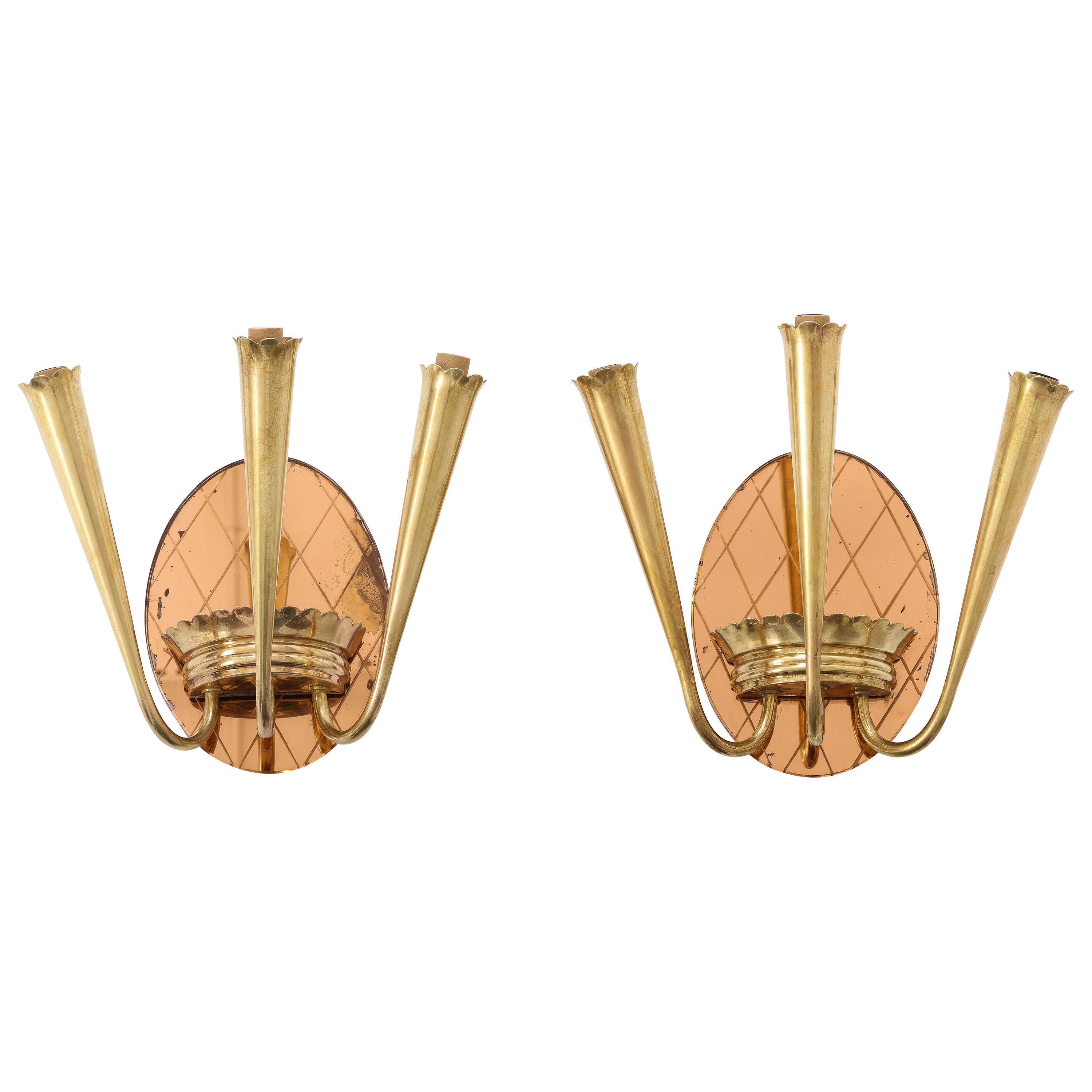 Pair of Italian Rose Gold Glass and Brass Wall Sconces, circa 1930's
