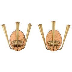 Pair of Italian Rose Gold Glass and Brass Wall Sconces, circa 1930's