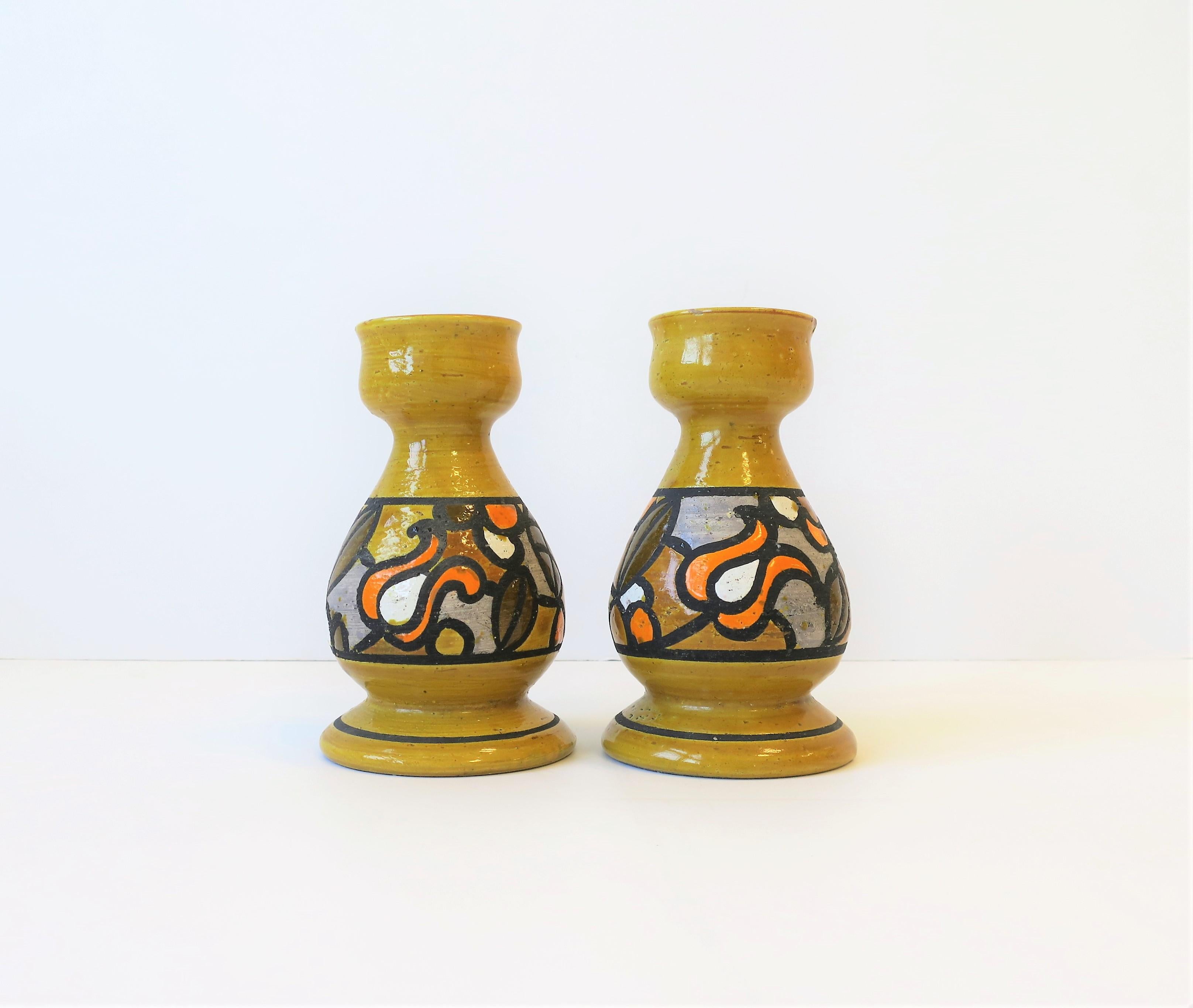 Glazed Italian Rosenthal Netter Yellow Pottery Candlestick Holders, ca. 1960s