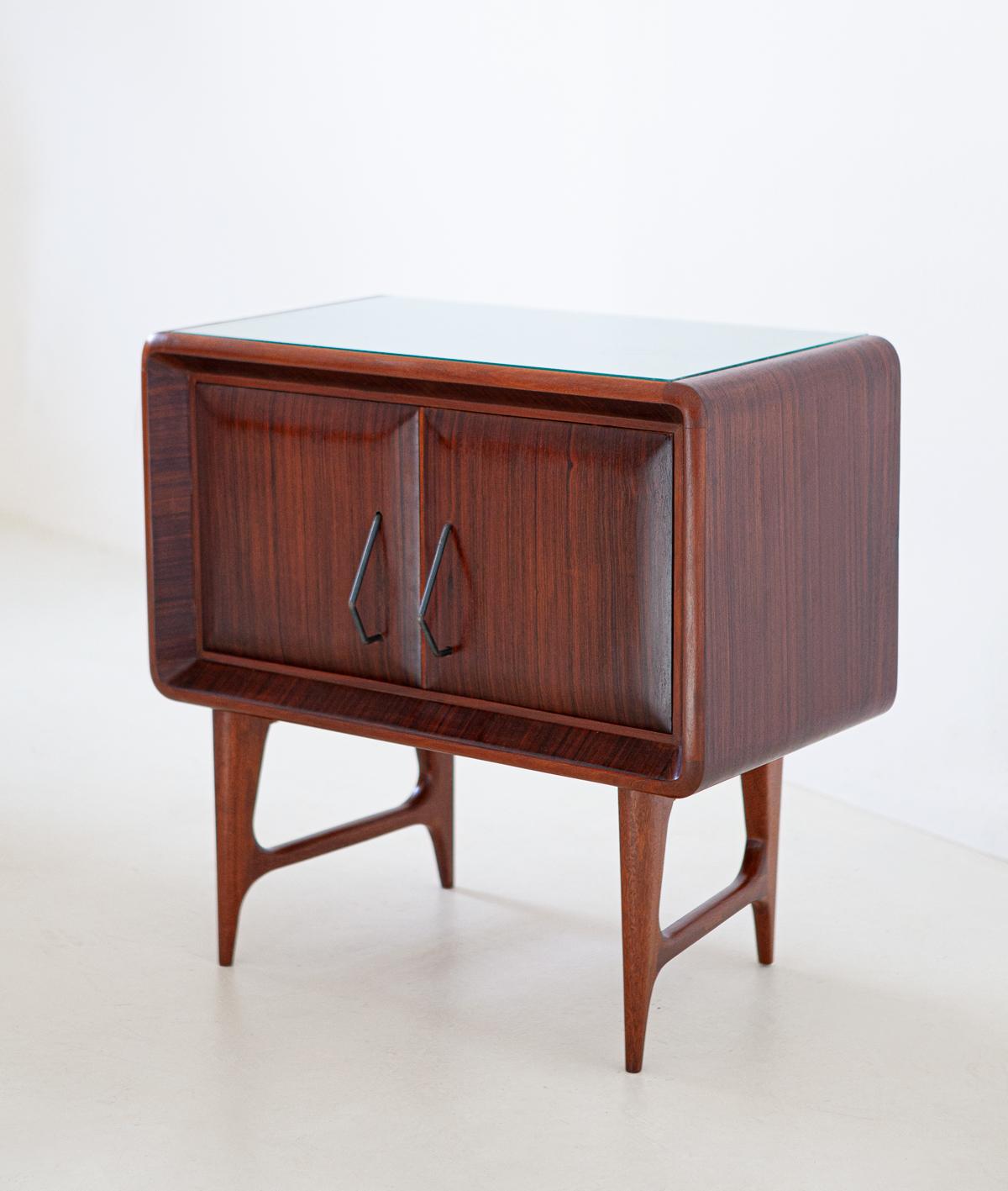 Mid-Century Modern Pair of Italian Rosewood and Green Glass Bedside Tables, 1950s