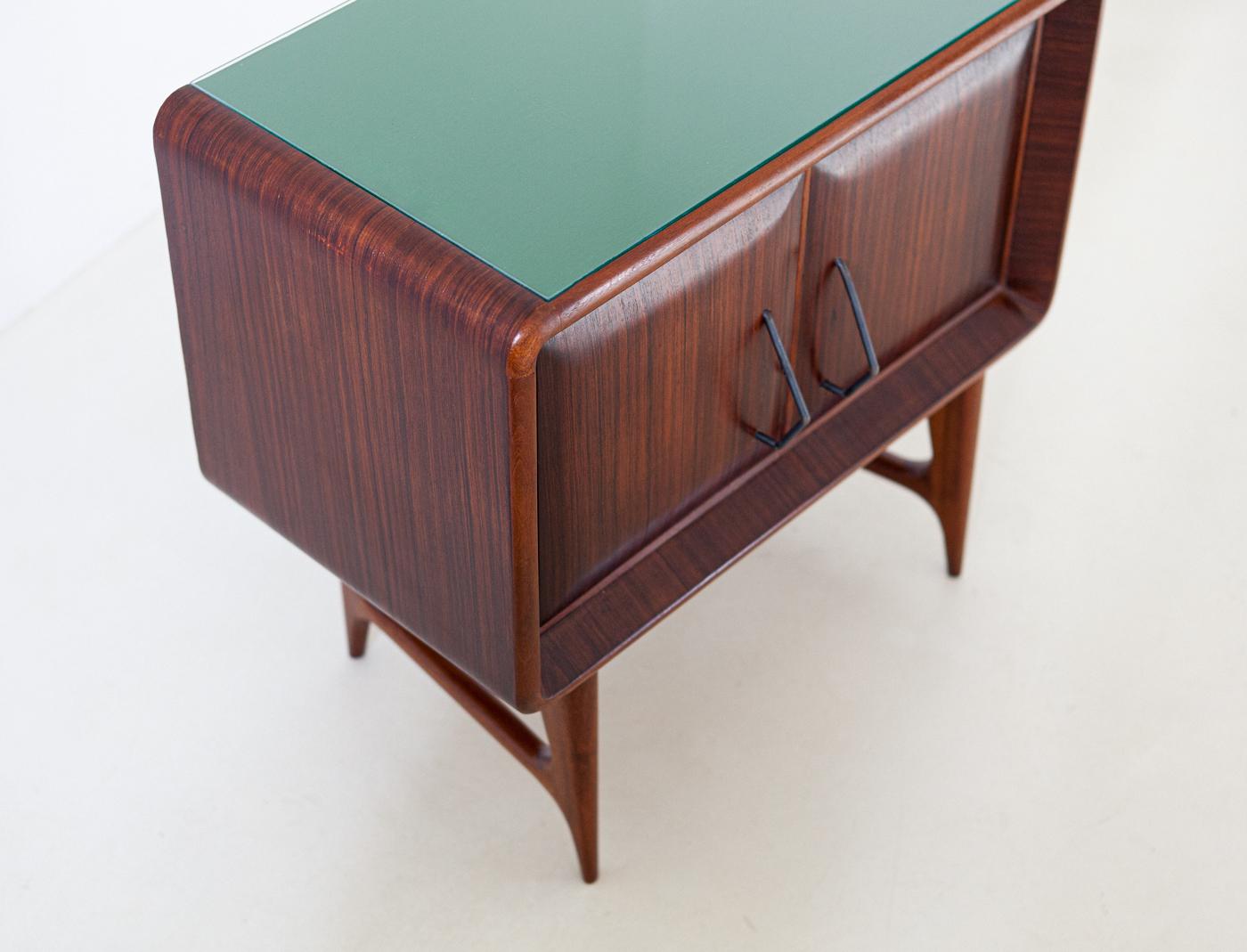 Mid-20th Century Pair of Italian Rosewood and Green Glass Bedside Tables, 1950s