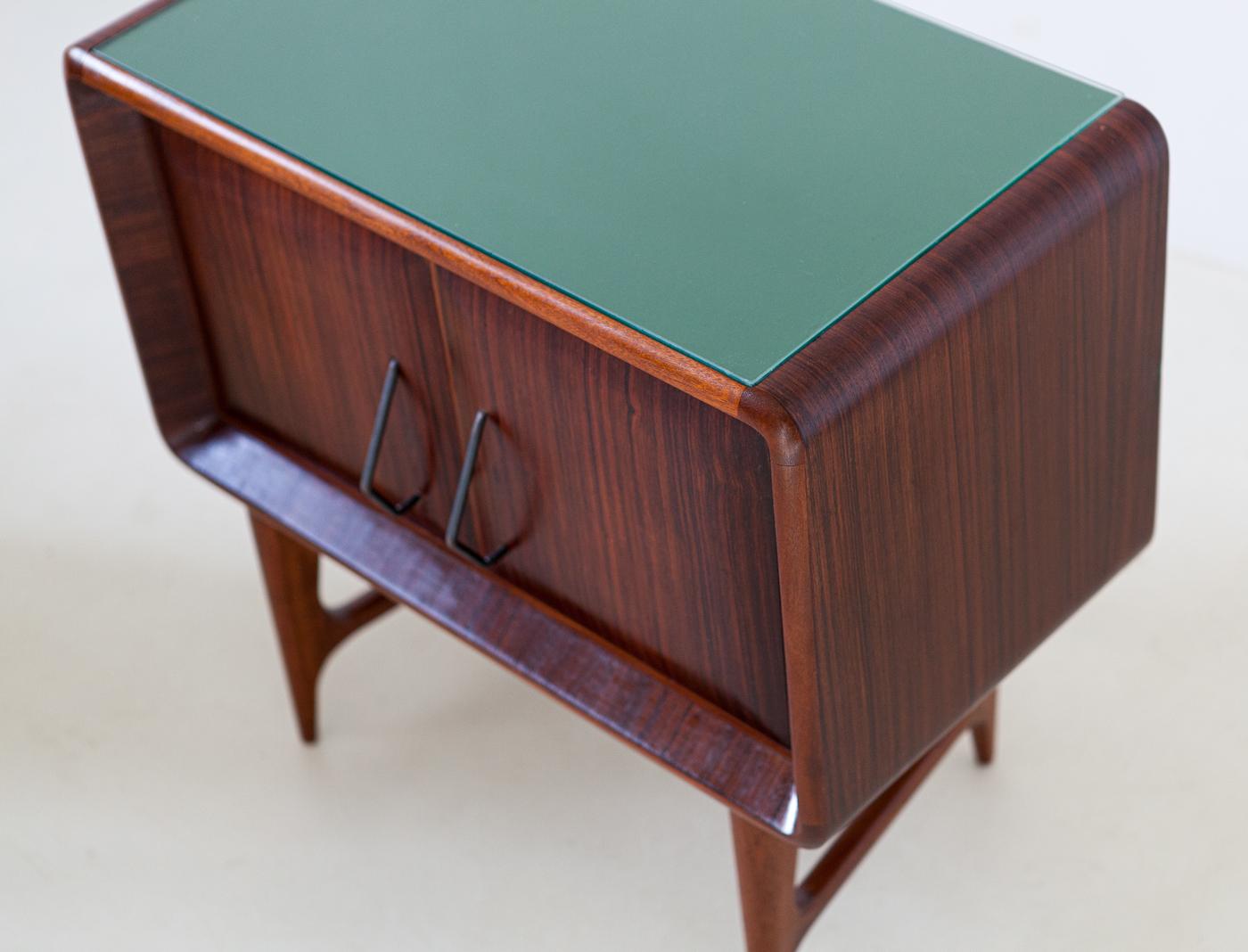 Pair of Italian Rosewood and Green Glass Bedside Tables, 1950s 1
