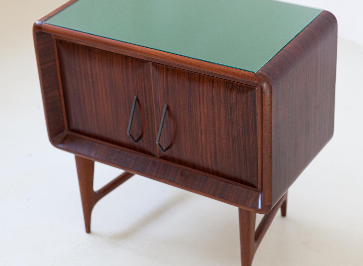 Pair of Italian Rosewood and Green Glass Bedside Tables, 1950s 2
